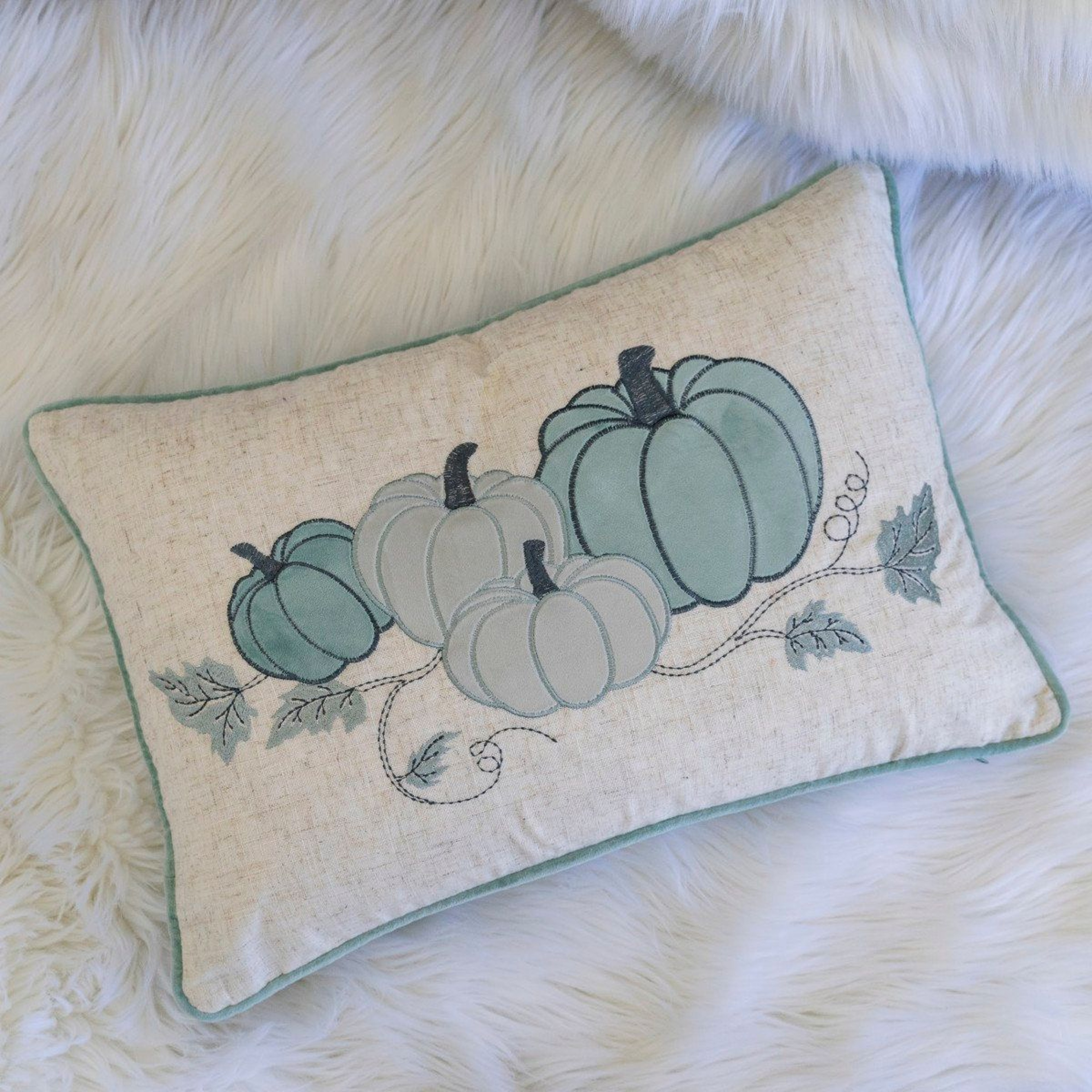 Embroidered Pumpkin Lumbar Throw Pillow  Light Blue Fall Accent Cushion 0