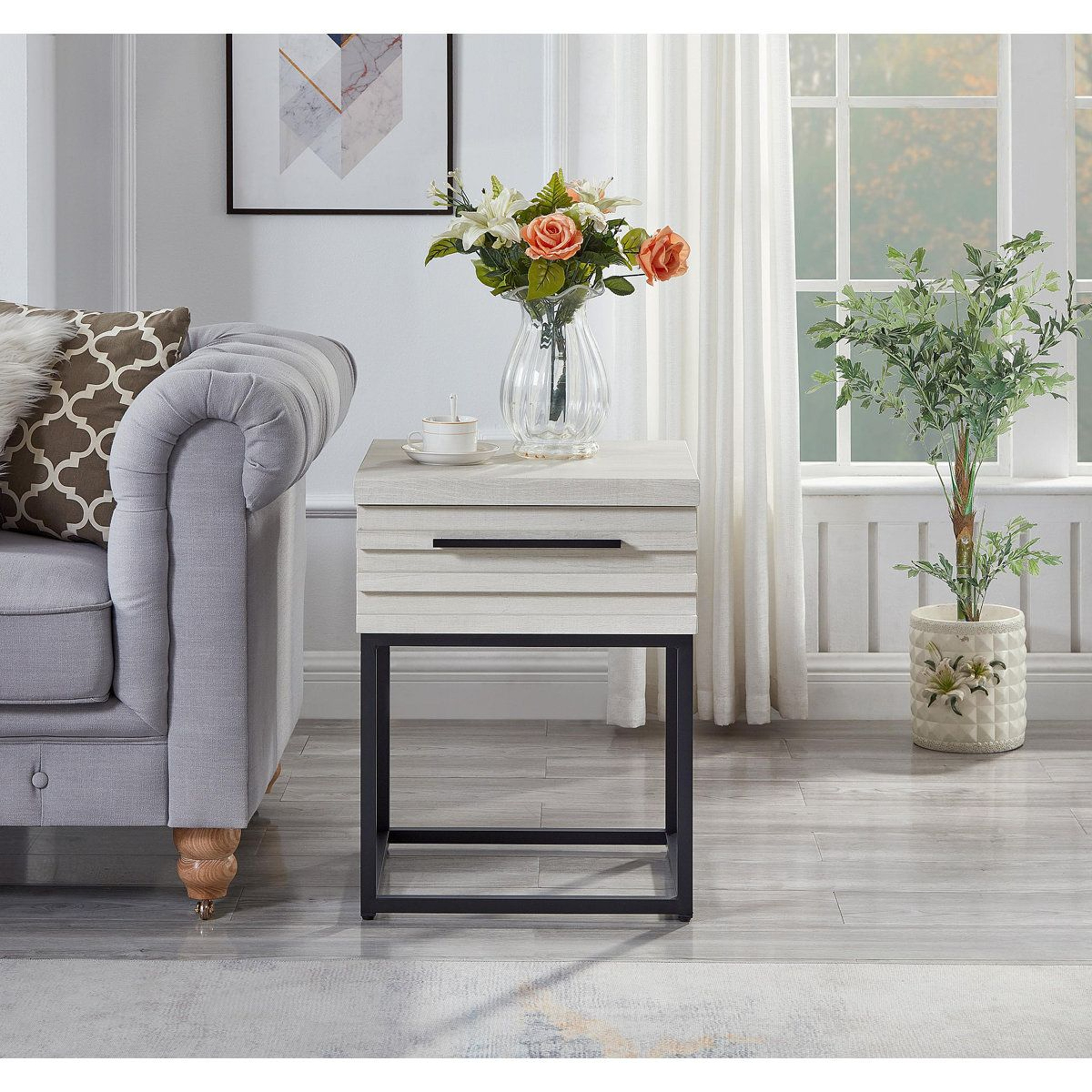 Contemporary Storage End Table With Drawer And Black Metal Base 10