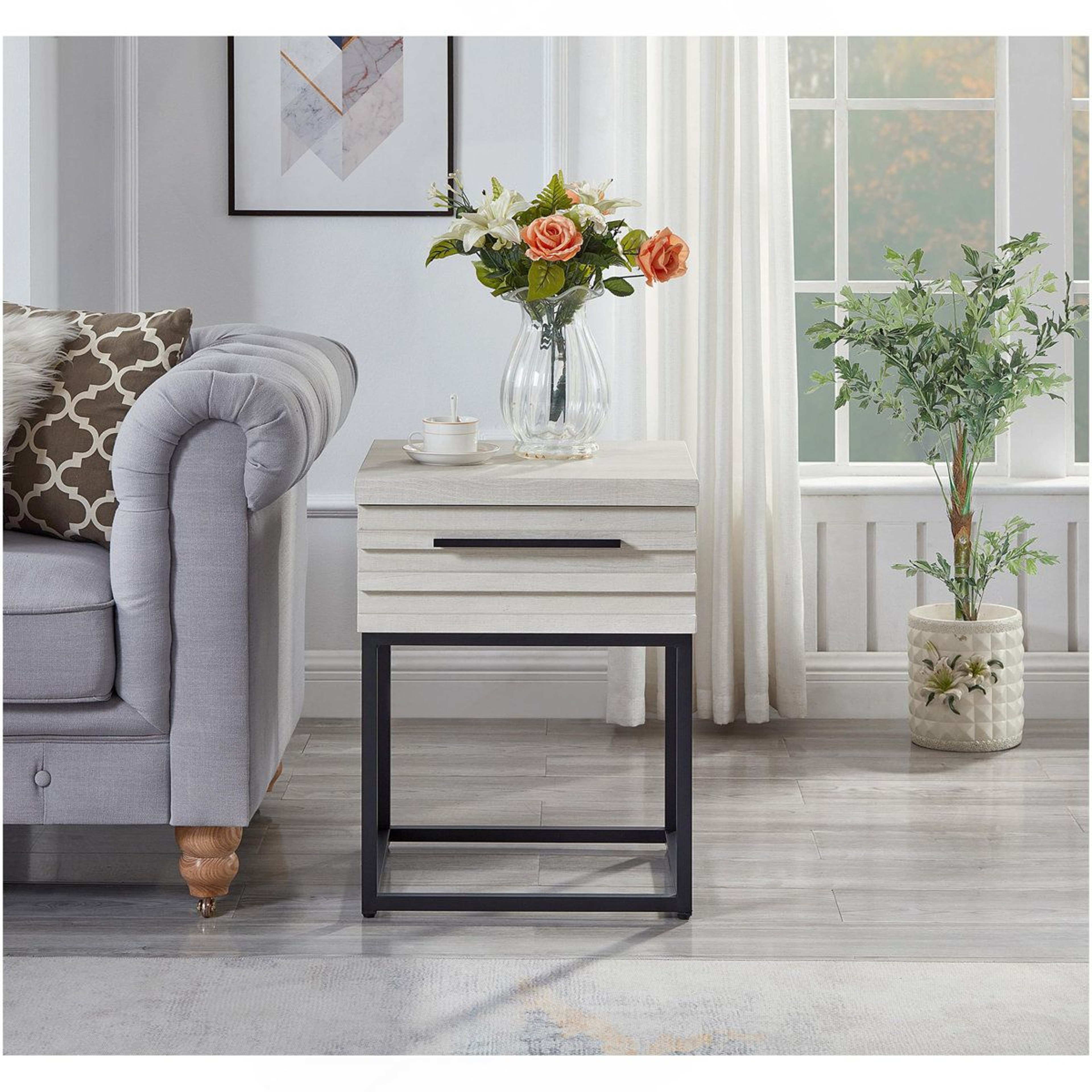 Contemporary Storage End Table With Drawer And Black Metal Base 2