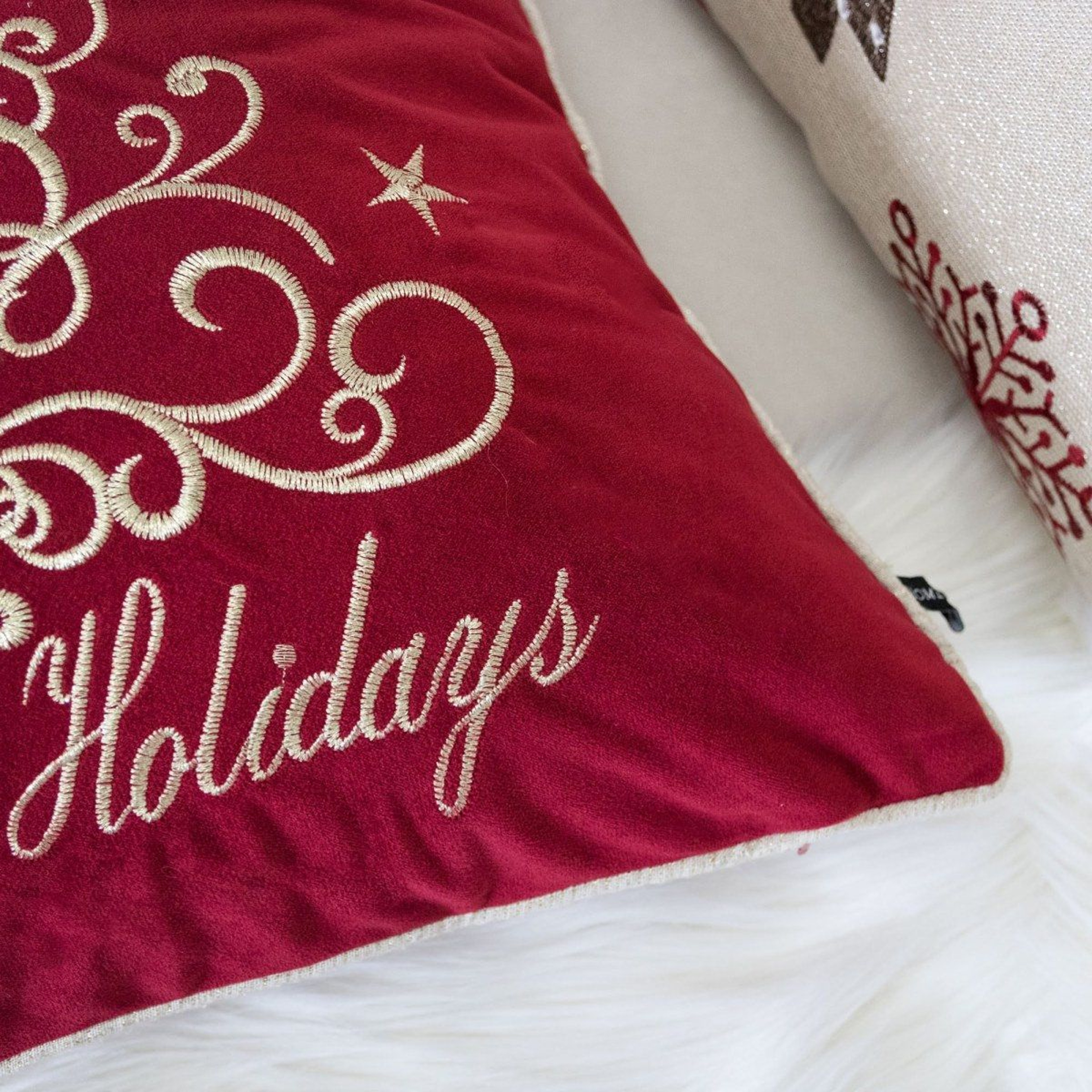 Happy Holidays Embroidered Red Velvet Christmas Throw Pillow With Gold Detailing 3