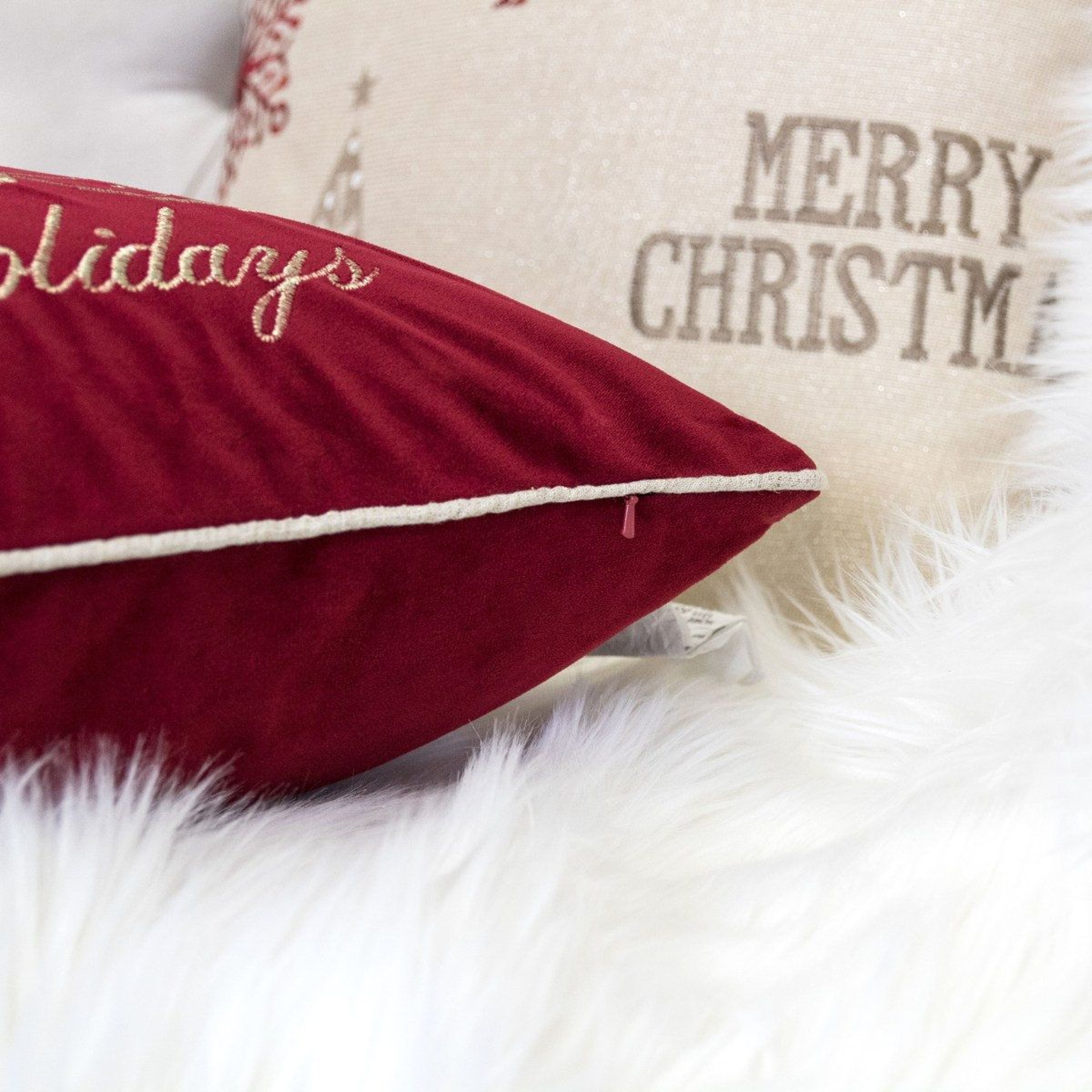 Happy Holidays Embroidered Red Velvet Christmas Throw Pillow With Gold Detailing 1