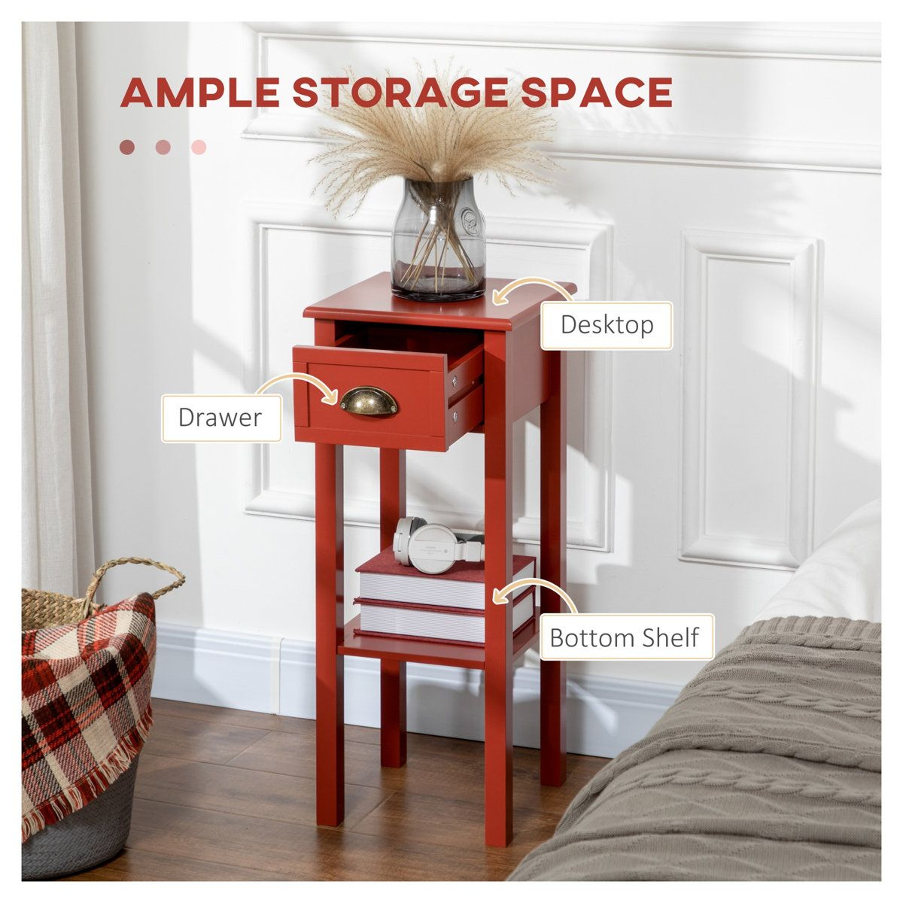 Tall End Table With Drawer And Storage Shelf  Red Square Side Table 13