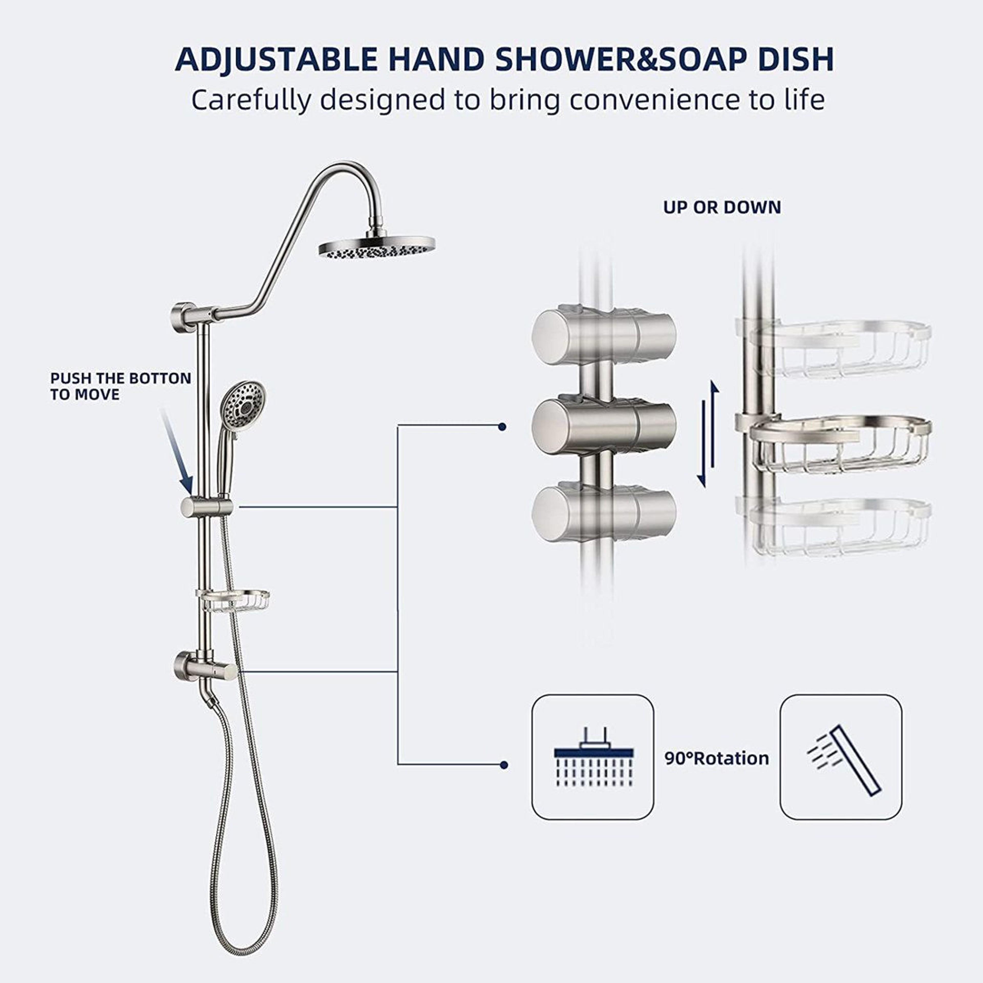 Brushed Nickel Shower System With Rain Showerhead And 5Function Hand Shower 7