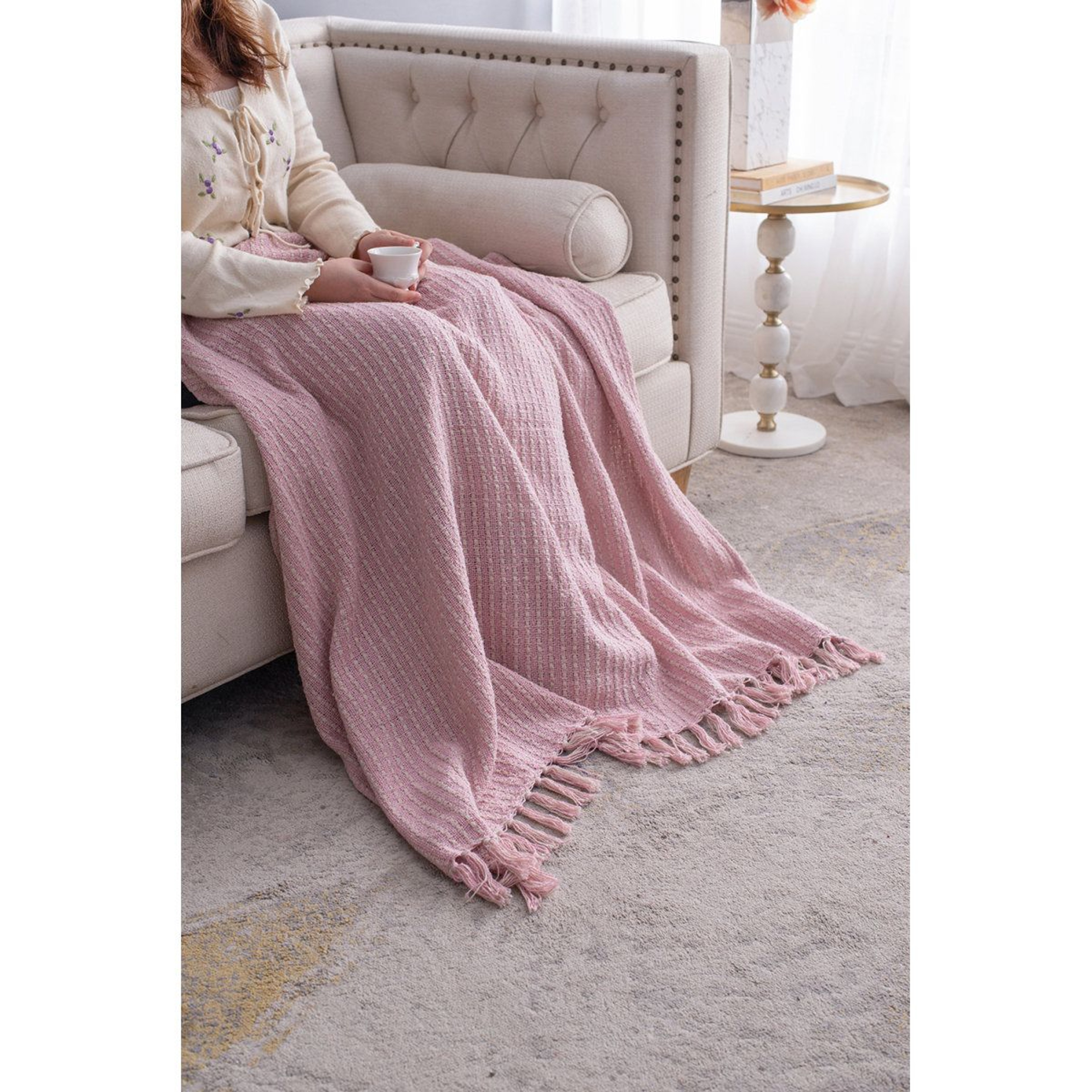 Decorative Pink Cotton Throw Blanket With Tassels 50 X 60 Inches Set Of 2 8