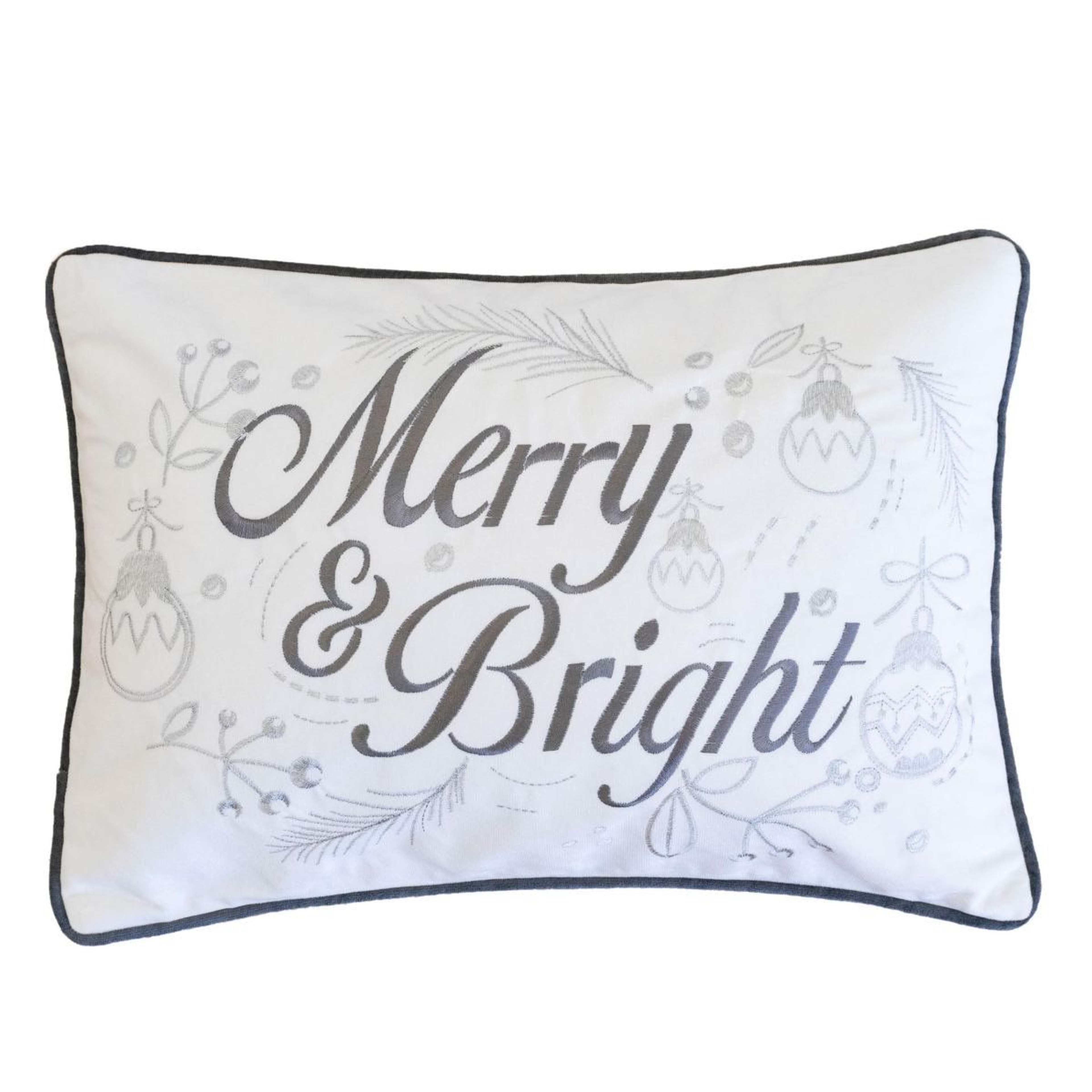 Merry  Bright Christmas Lumbar Throw Pillow  White And Silver 14 X 20 Inch 0