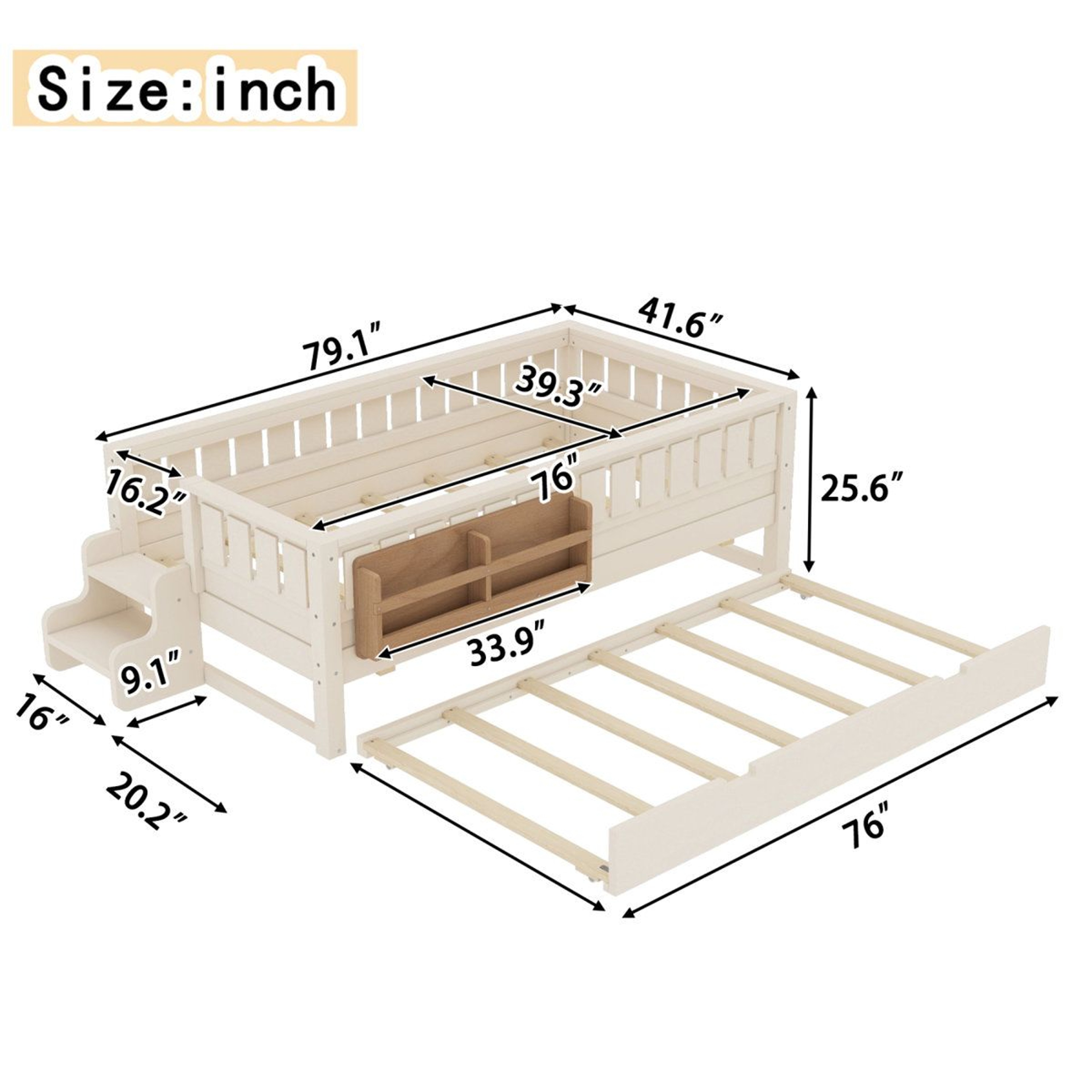 Twin Daybed With Bookshelves Staircase Safety Rails And PullOut Trundle  Beige 6