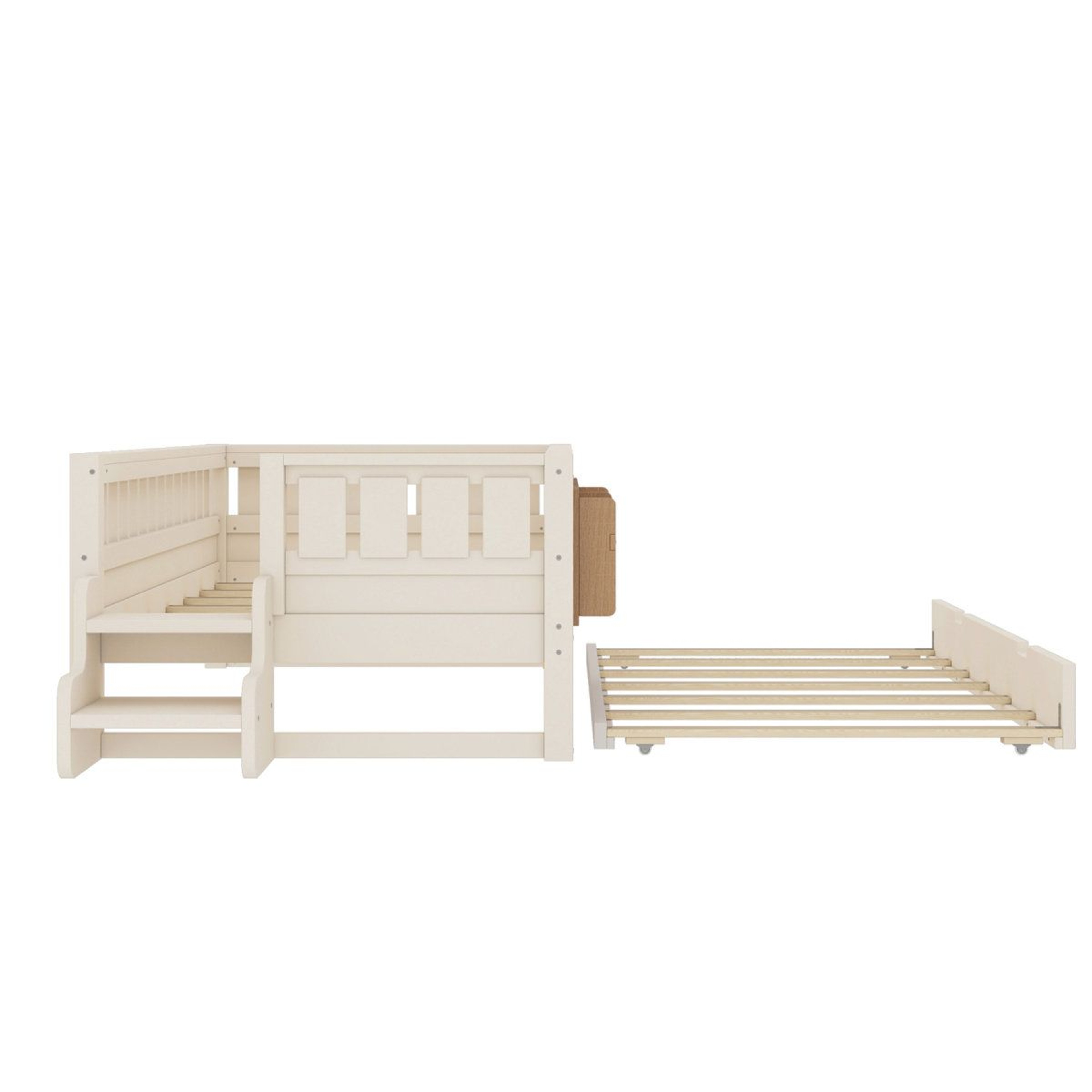 Twin Daybed With Bookshelves Staircase Safety Rails And PullOut Trundle  Beige 5