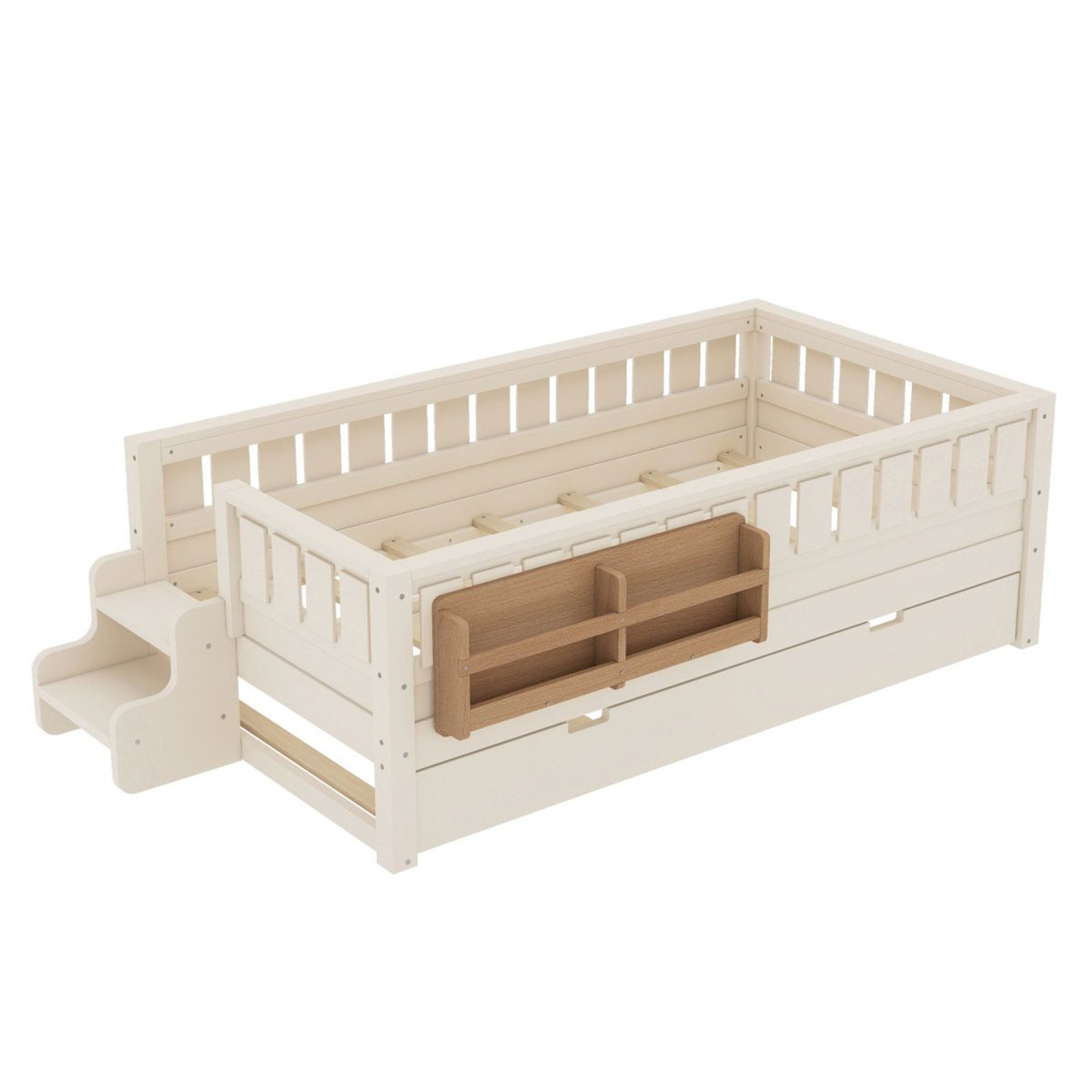 Twin Daybed With Bookshelves Staircase Safety Rails And PullOut Trundle  Beige 1