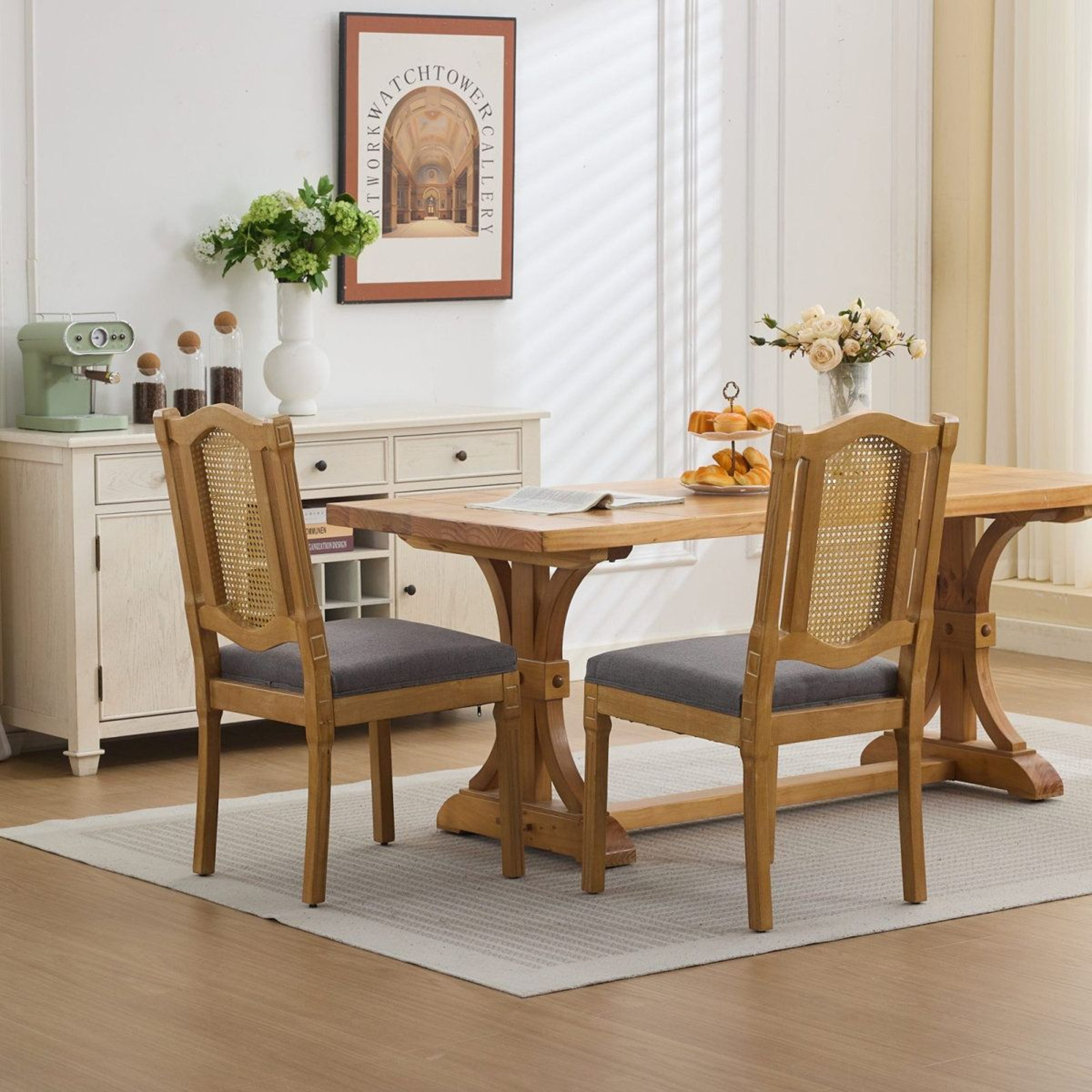 Solid Wood Dining Chairs Set Of 2 With RattanStyle Back And Linen Cushions 0