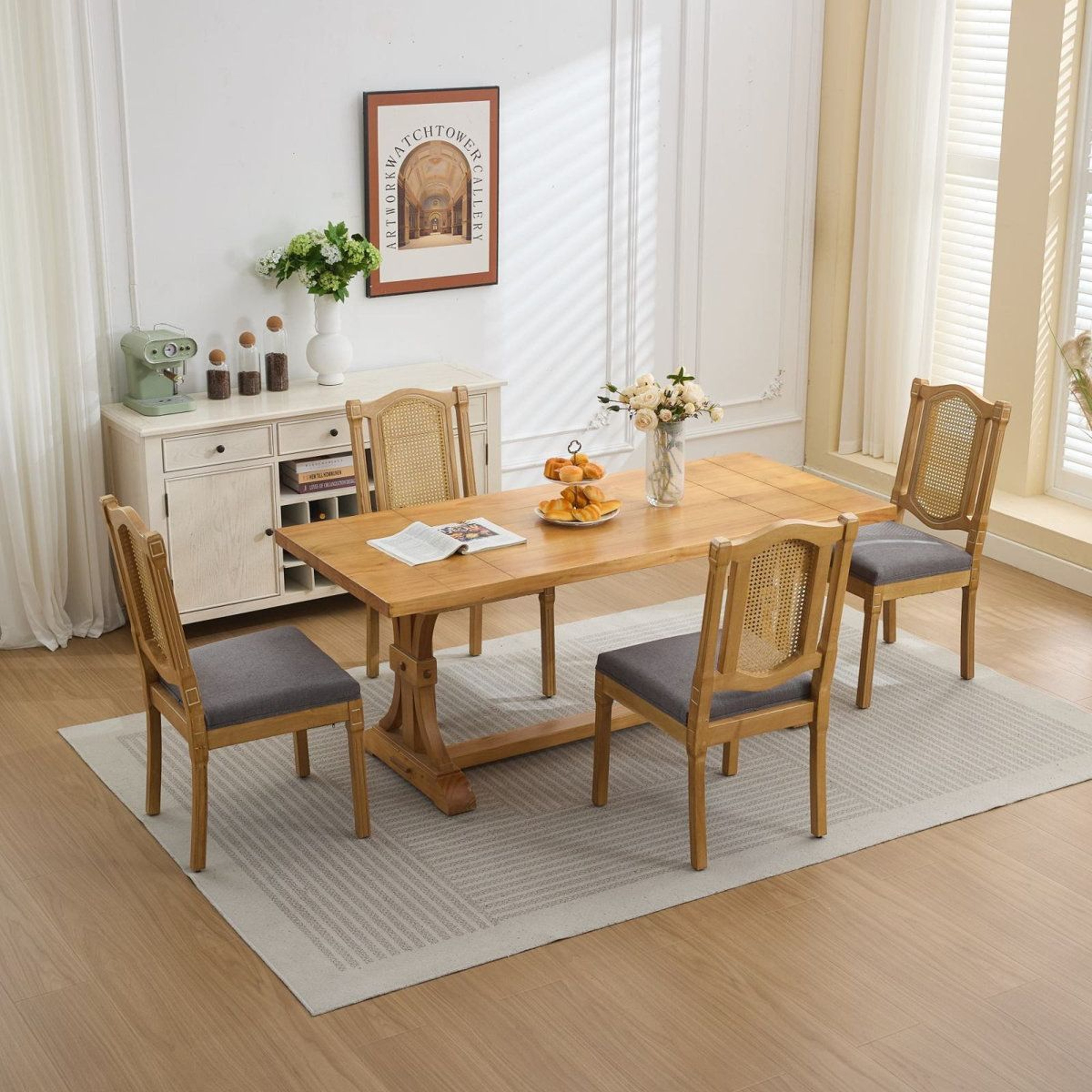 Solid Wood Dining Chairs Set Of 2 With RattanStyle Back And Linen Cushions 4