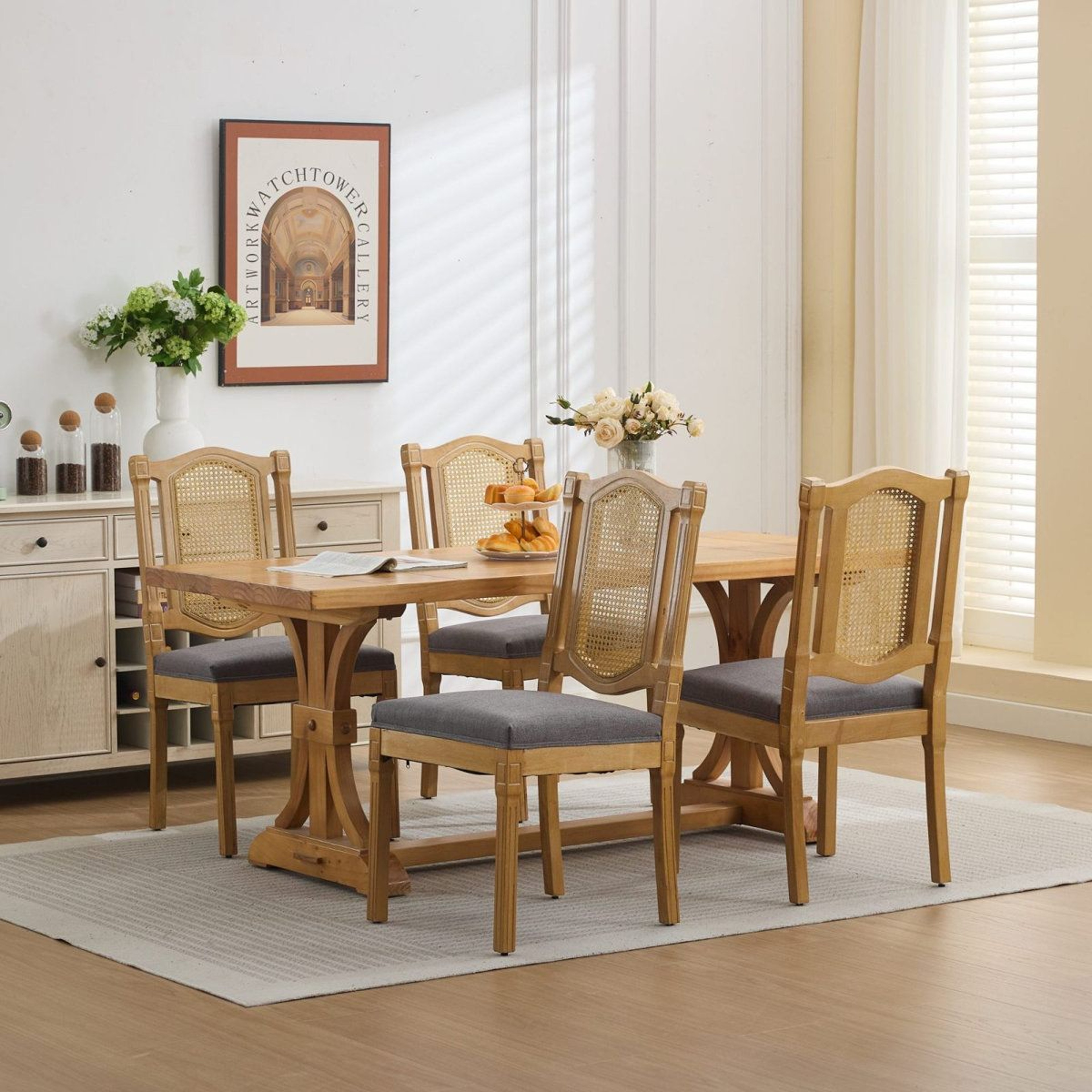 Solid Wood Dining Chairs Set Of 2 With RattanStyle Back And Linen Cushions 3