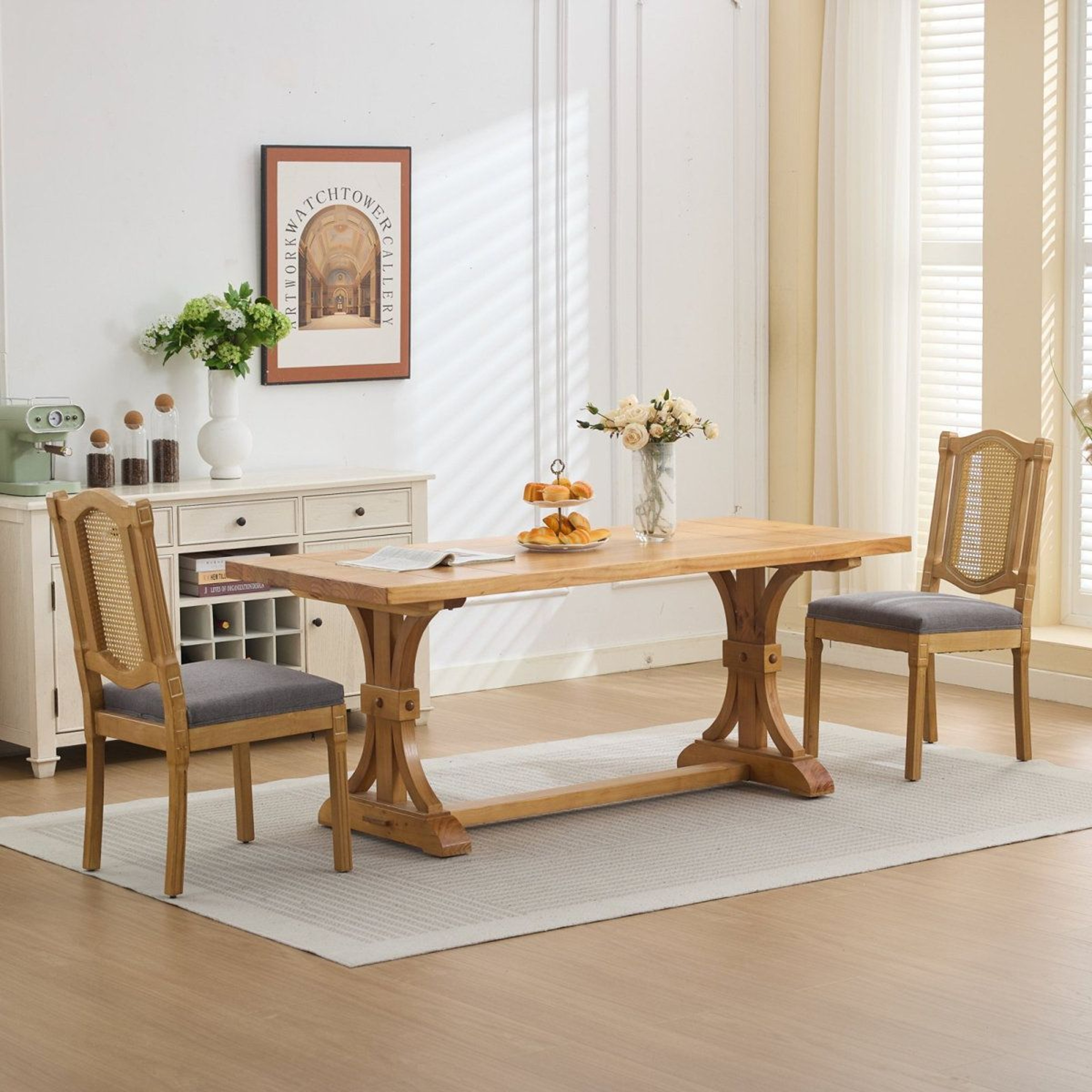 Solid Wood Dining Chairs Set Of 2 With RattanStyle Back And Linen Cushions 6