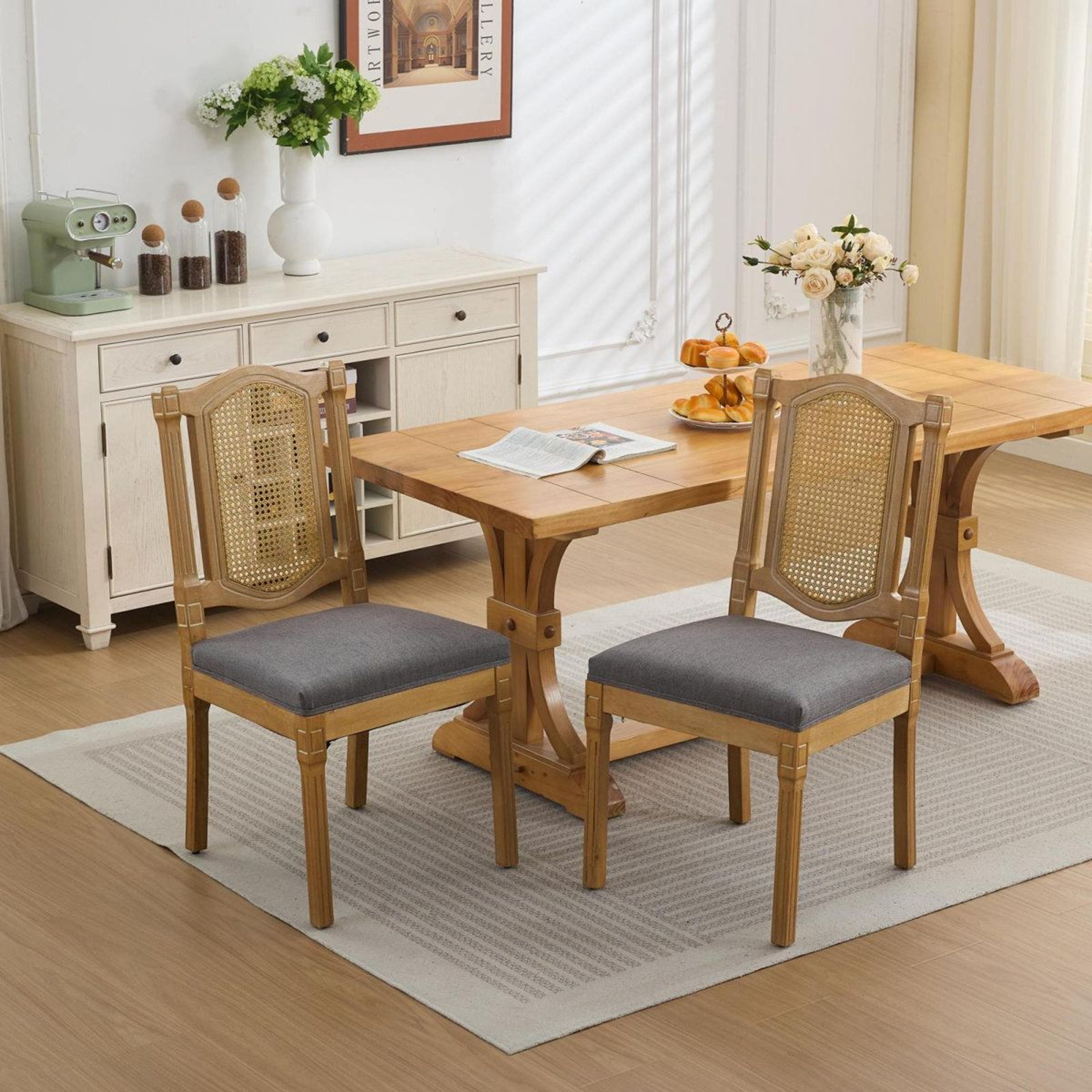 Solid Wood Dining Chairs Set Of 2 With RattanStyle Back And Linen Cushions 9