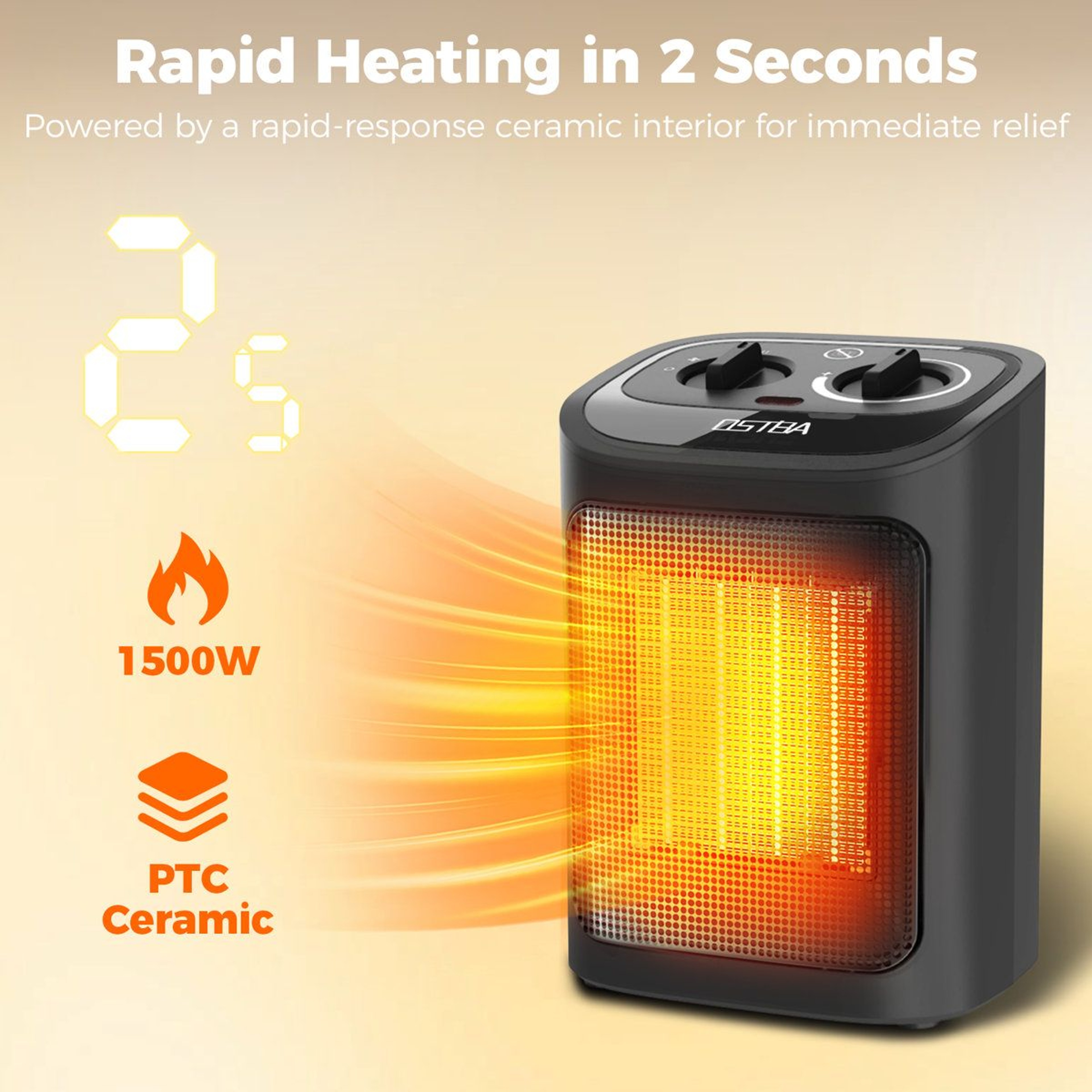 1500W Portable Ceramic Space Heater With Adjustable Thermostat And Rotary Controls 7