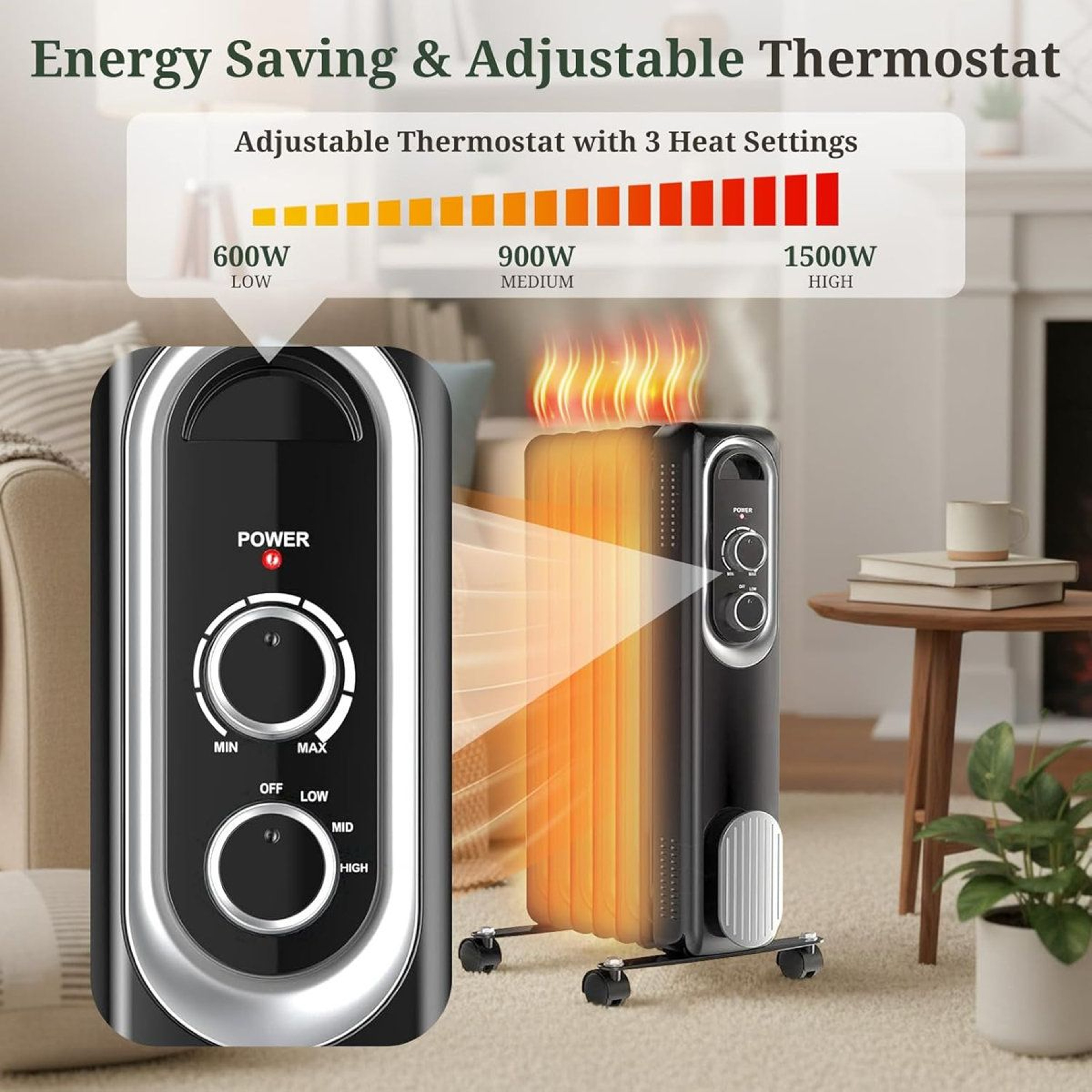 1500W Oil Filled Radiator Heater With Adjustable Thermostat And 3 Heat Settings 6