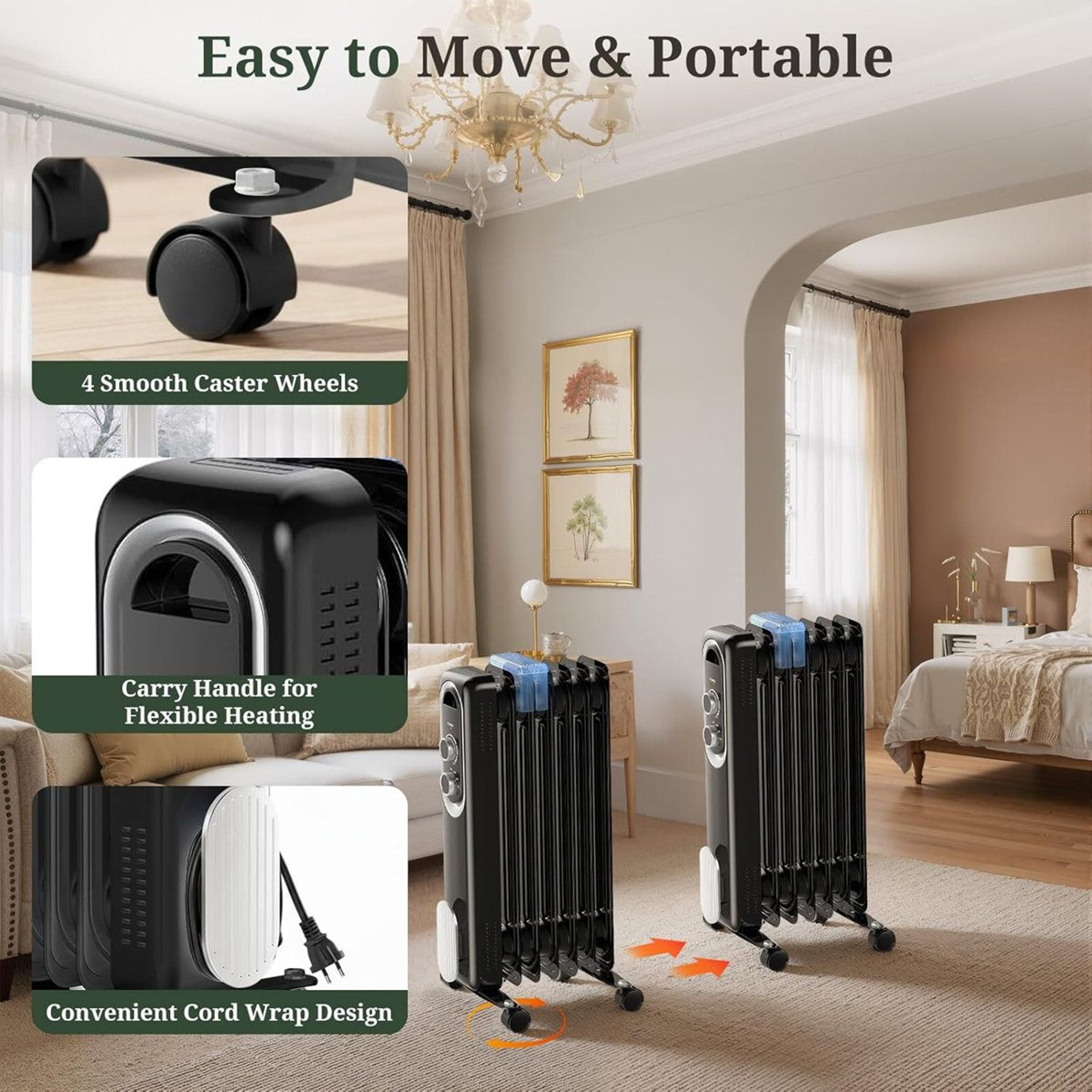 1500W Oil Filled Radiator Heater With Adjustable Thermostat And 3 Heat Settings 3
