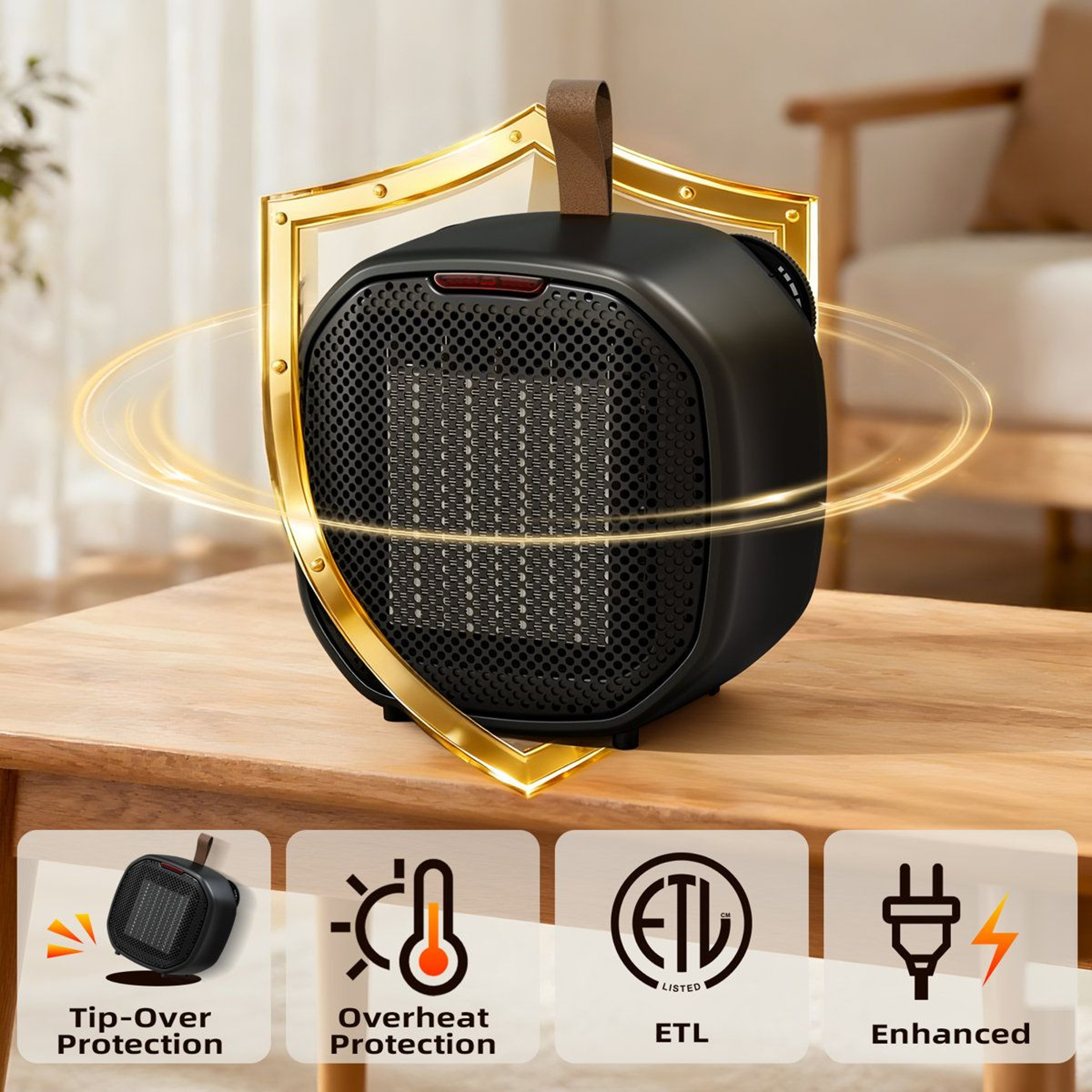 1200W Portable Ceramic Space Heater With Adjustable Thermostat And TipOver Protection 3