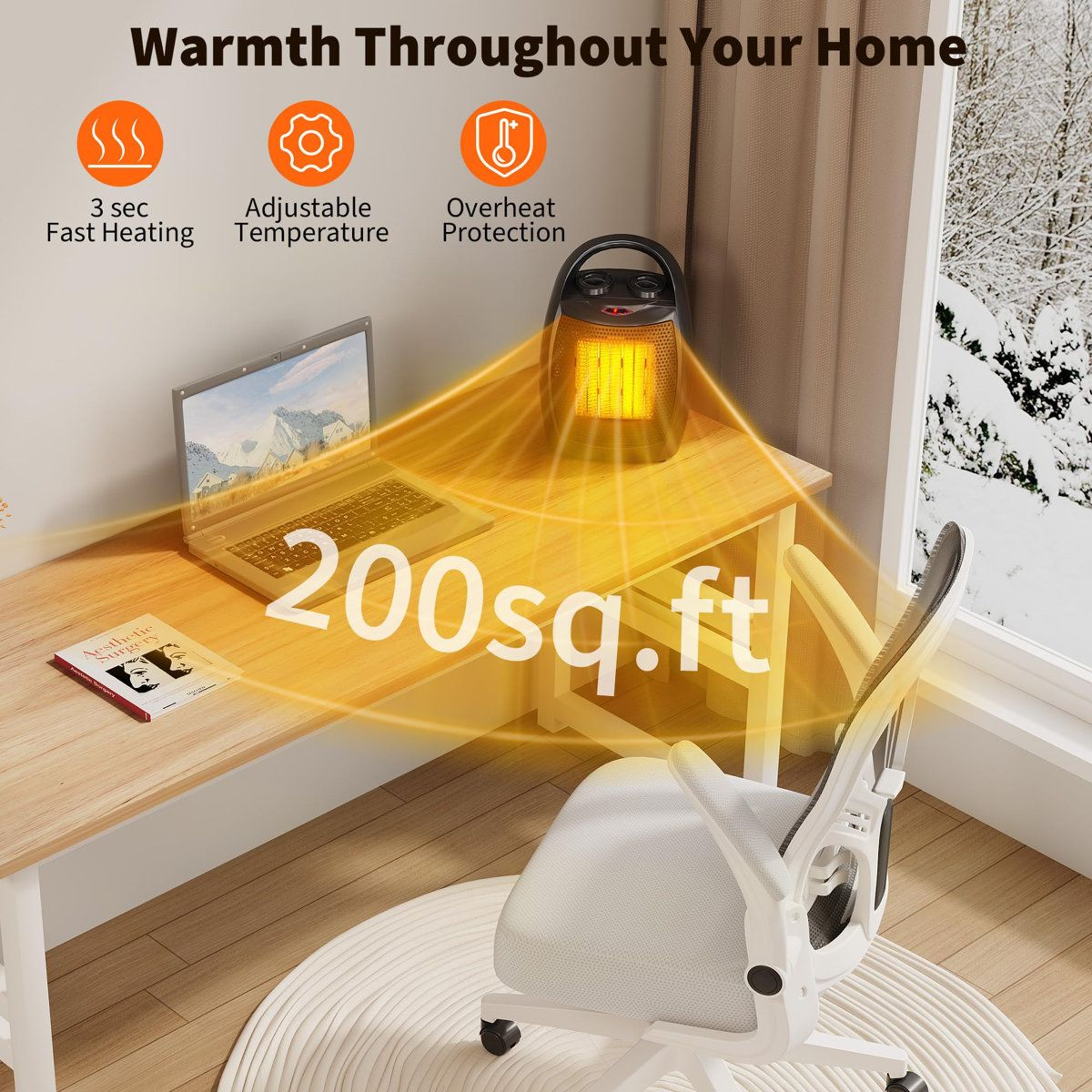 1500W Portable Ceramic Space Heater With Adjustable Thermostat And Cooling Fan 8