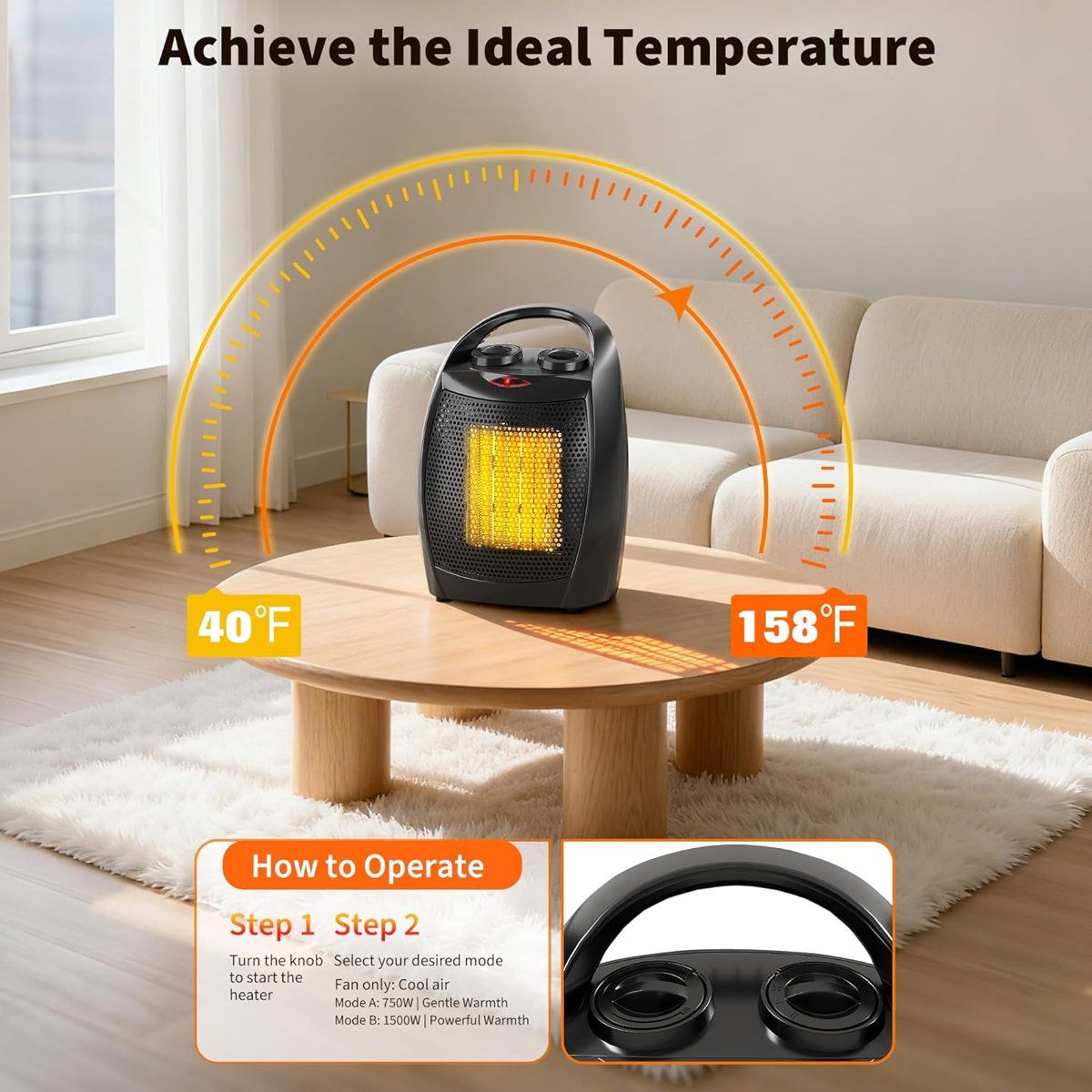 Portable Ceramic Space Heater With Thermostat 1500W750W And Fan Mode 1