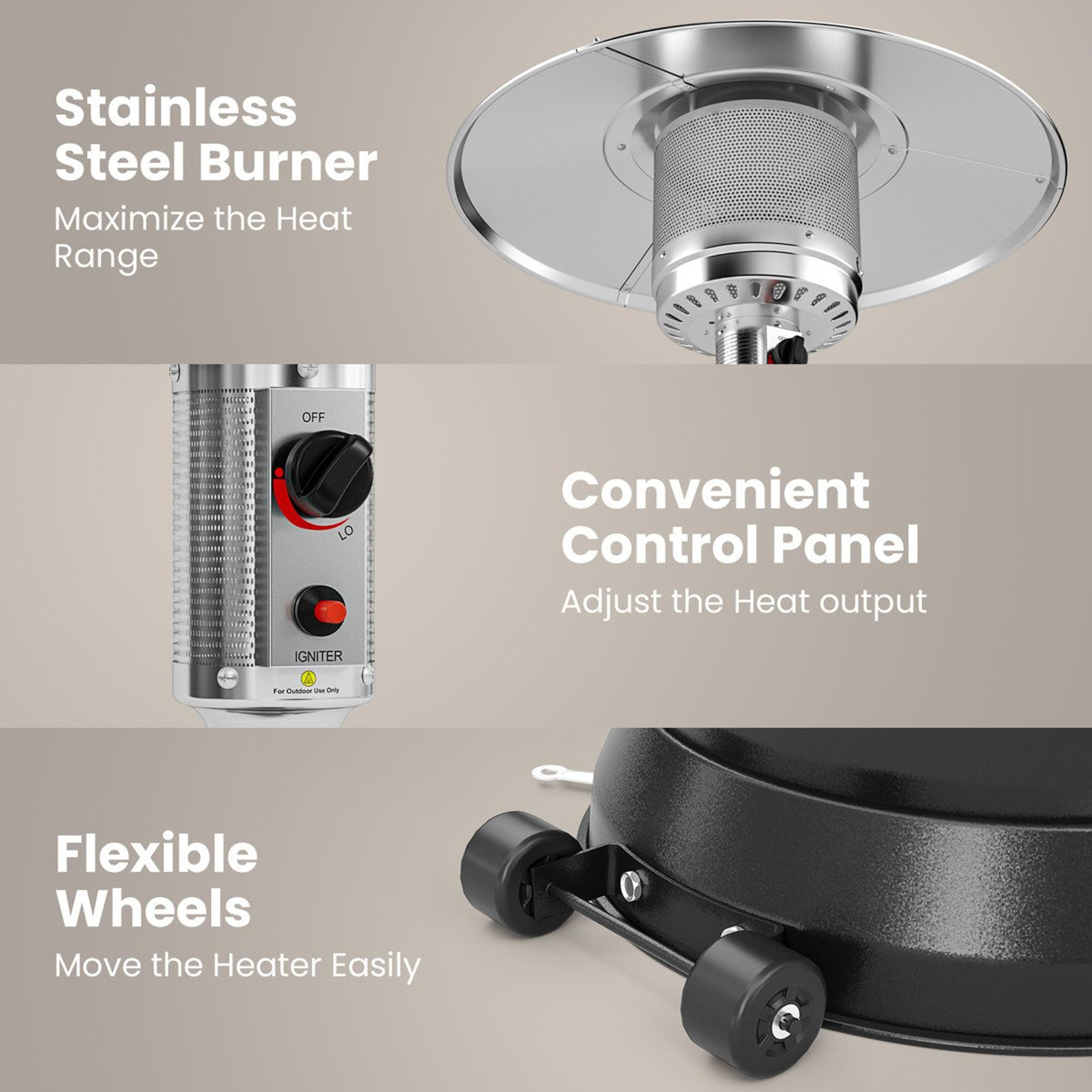 48000 BTU Stainless Steel Propane Patio Heater With Wheels And Safety Shutoff 4