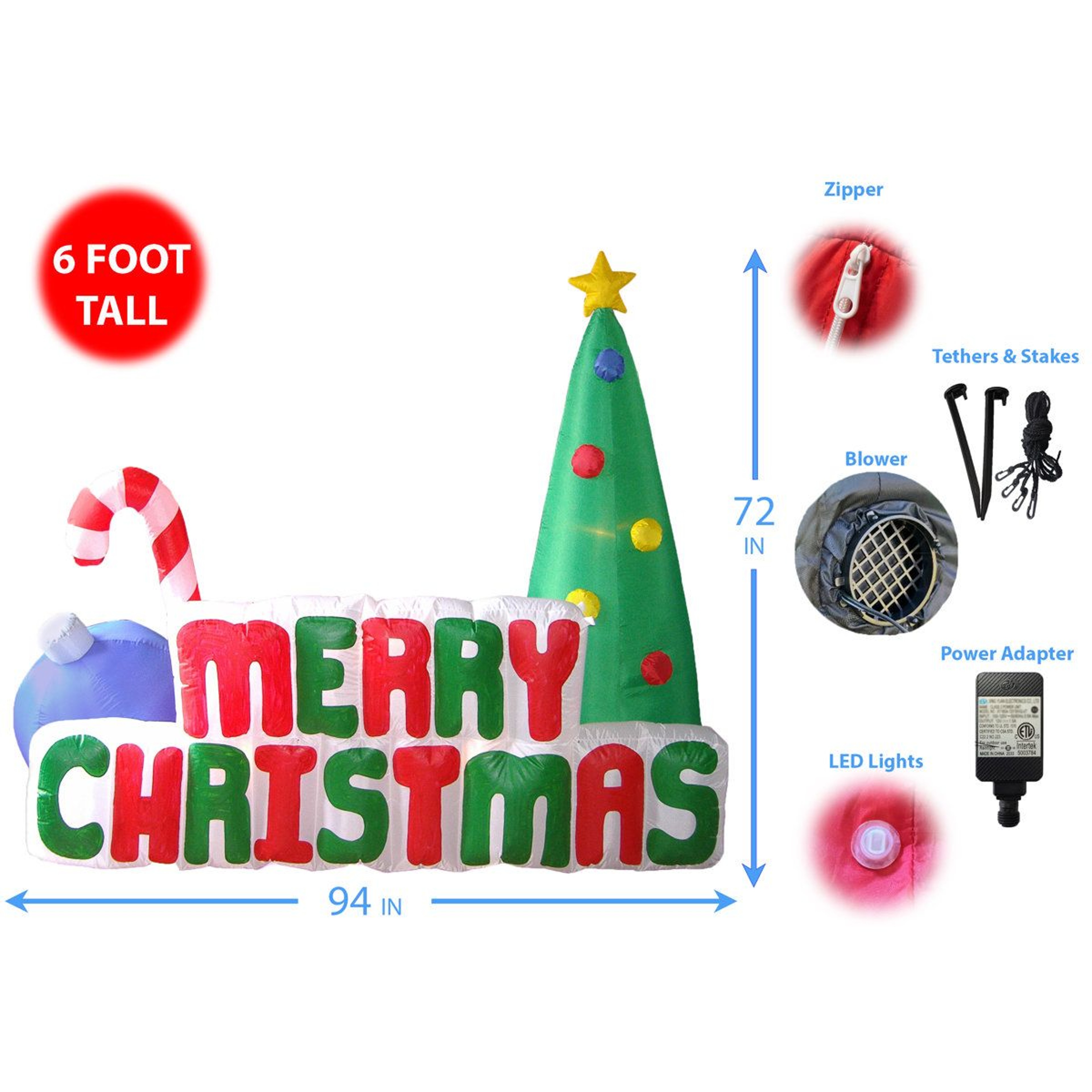 6 Ft Lighted Christmas Inflatable Tree With Candy Cane And Merry Christmas Sign 1