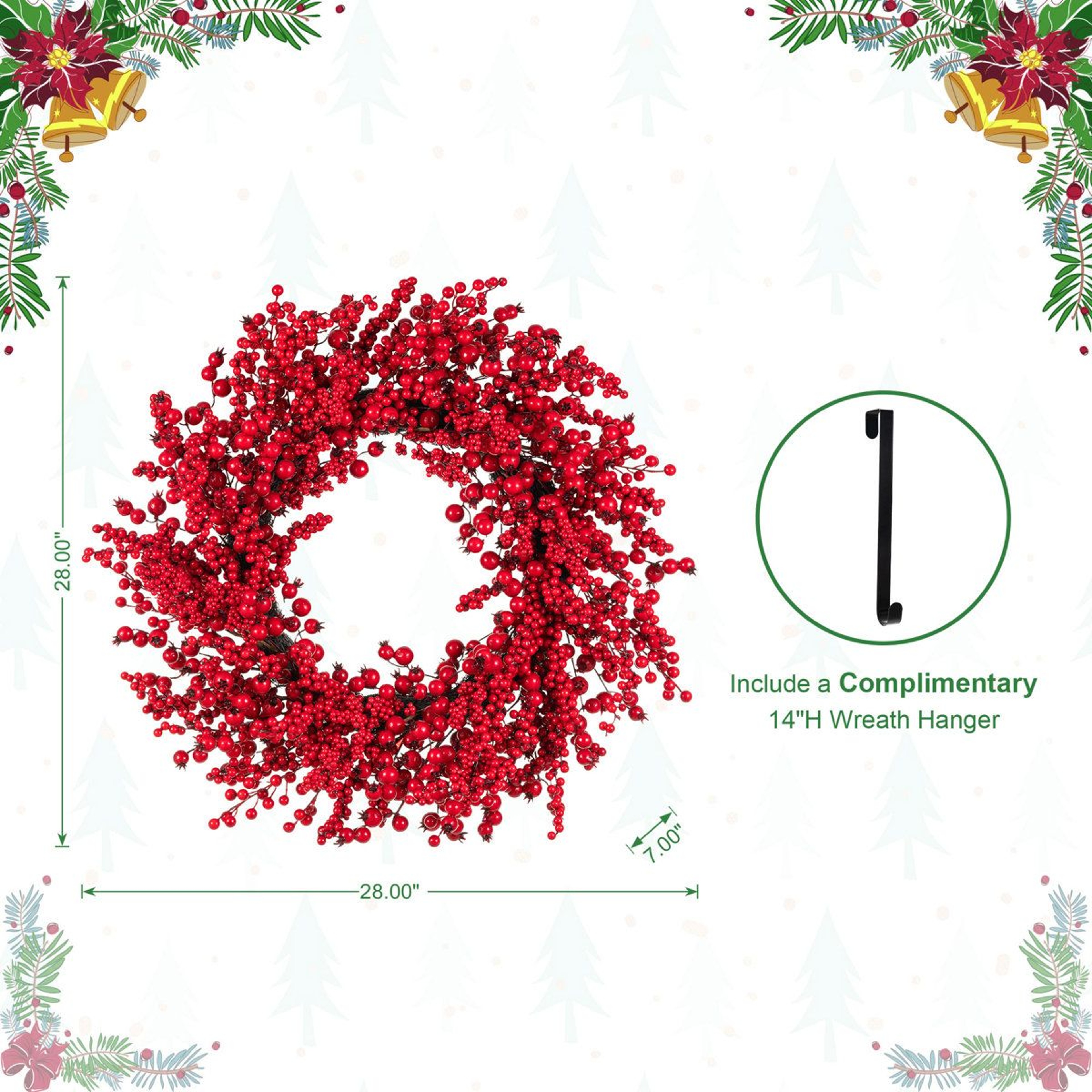 28 Inch Red Christmas Berry Wreath For Holiday Door And Wall Decor 2