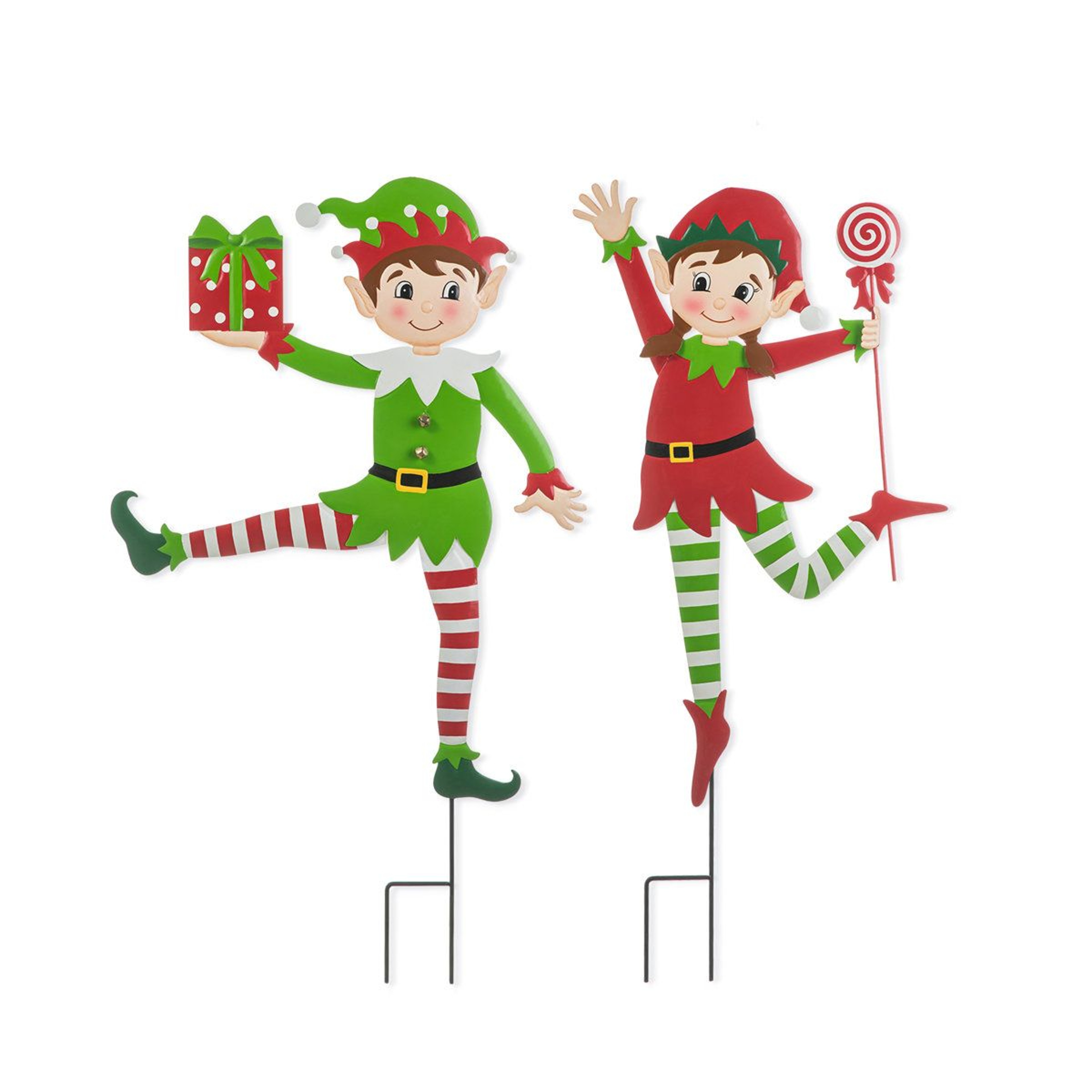 Set Of 2 Christmas Metal Dancing Elf Yard Stakes And Wall Decor 0