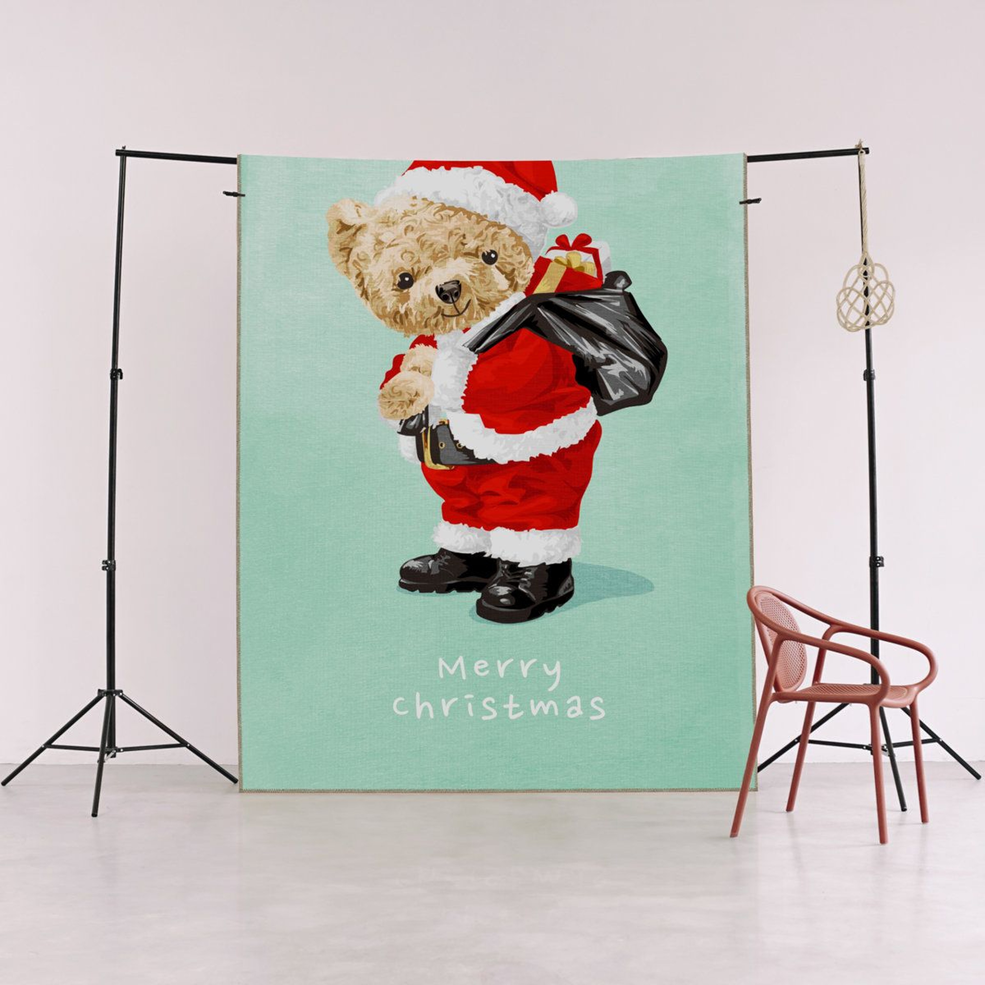 Turquoise Christmas Santa And Teddy Bear Decorative Area Rug 0