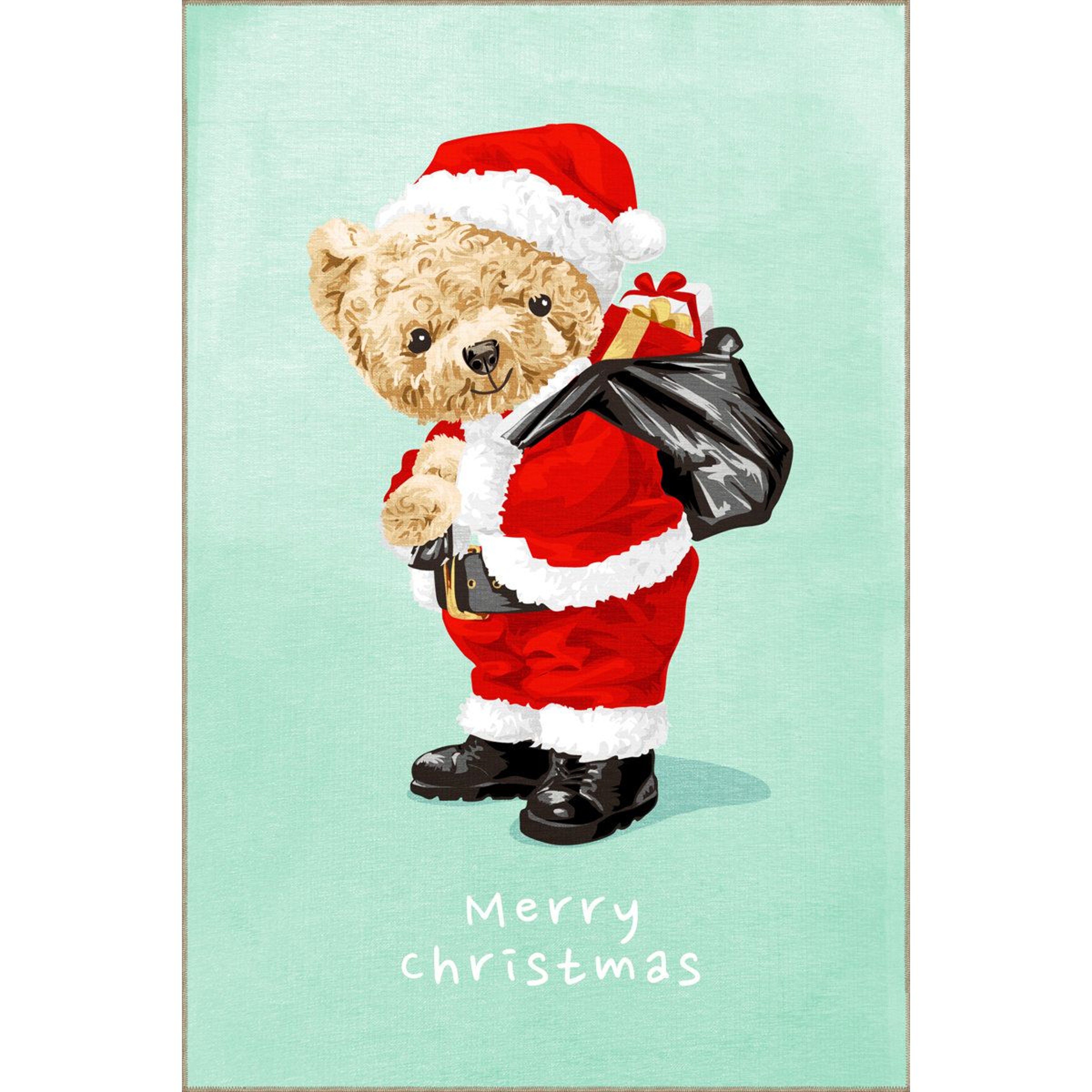 Turquoise Christmas Santa And Teddy Bear Decorative Area Rug 3
