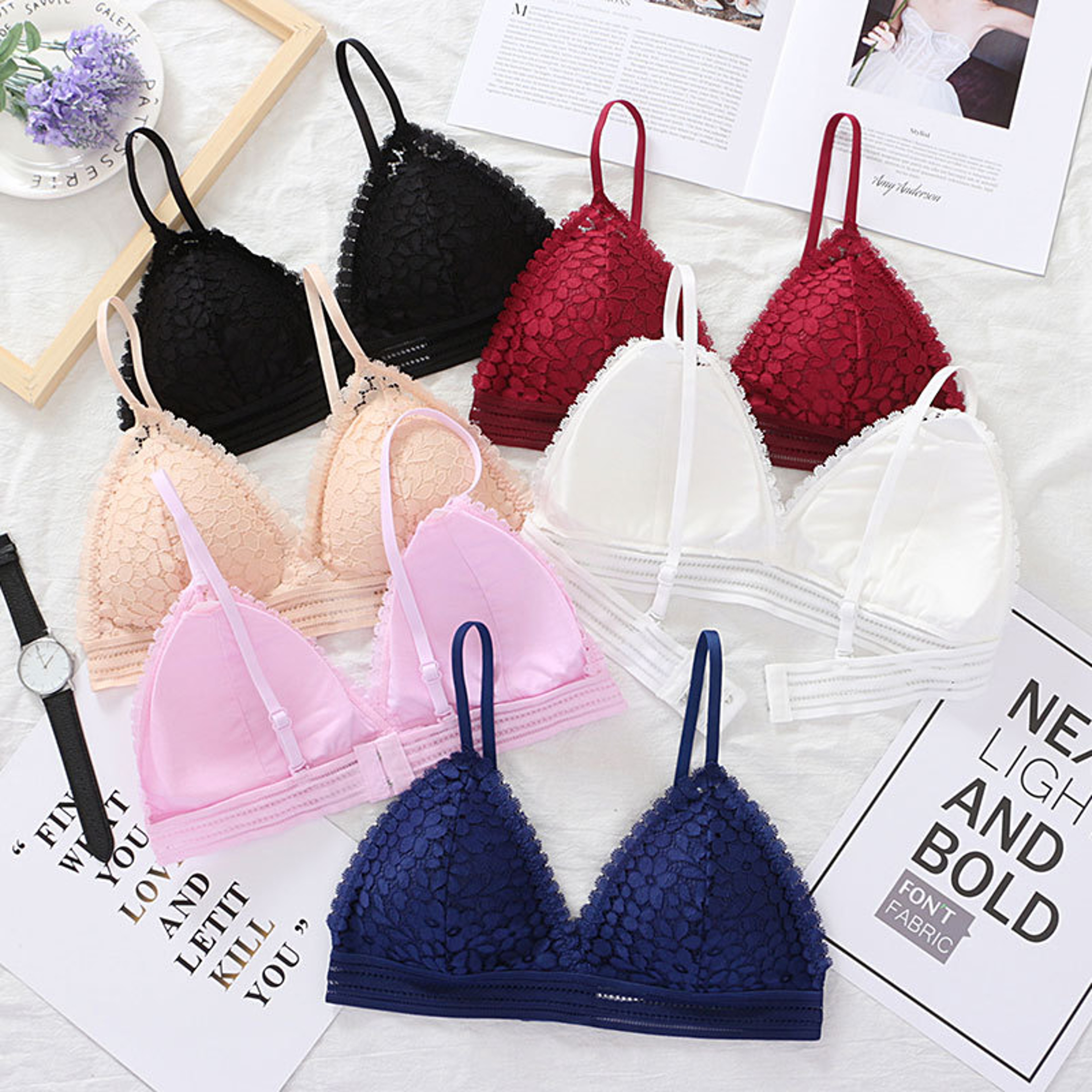 Sheer Floral Lace Bralette and Wireless Triangle Bra – view 2