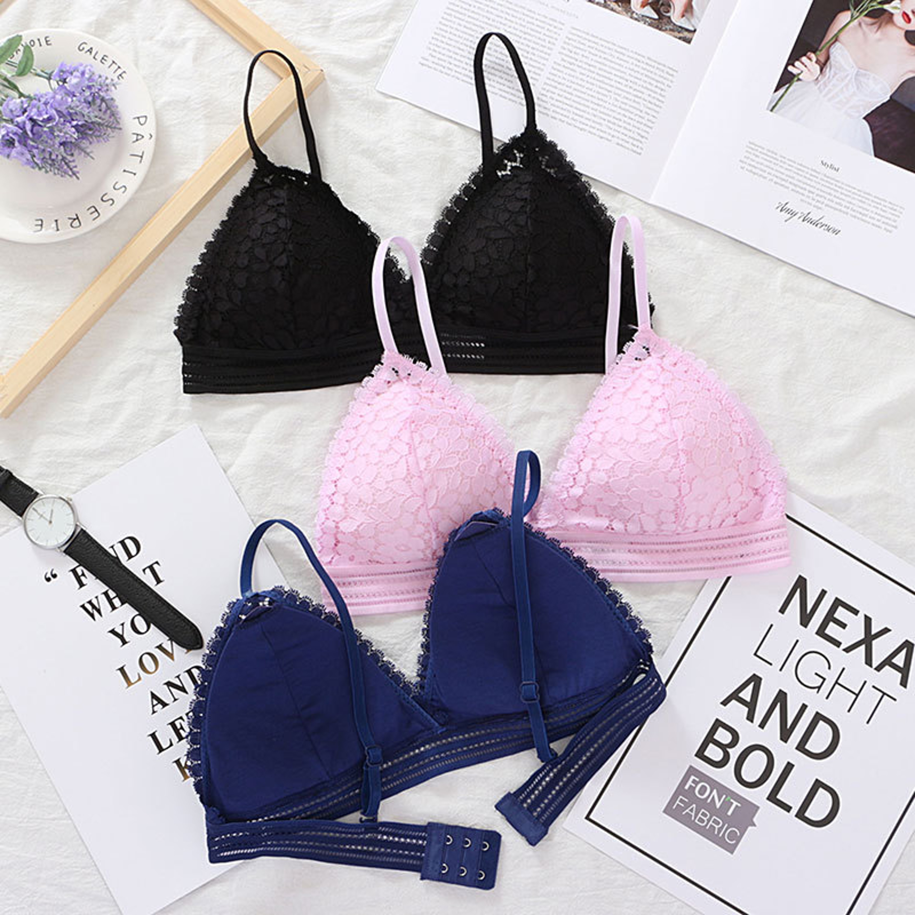 Sheer Floral Lace Bralette and Wireless Triangle Bra – view 5