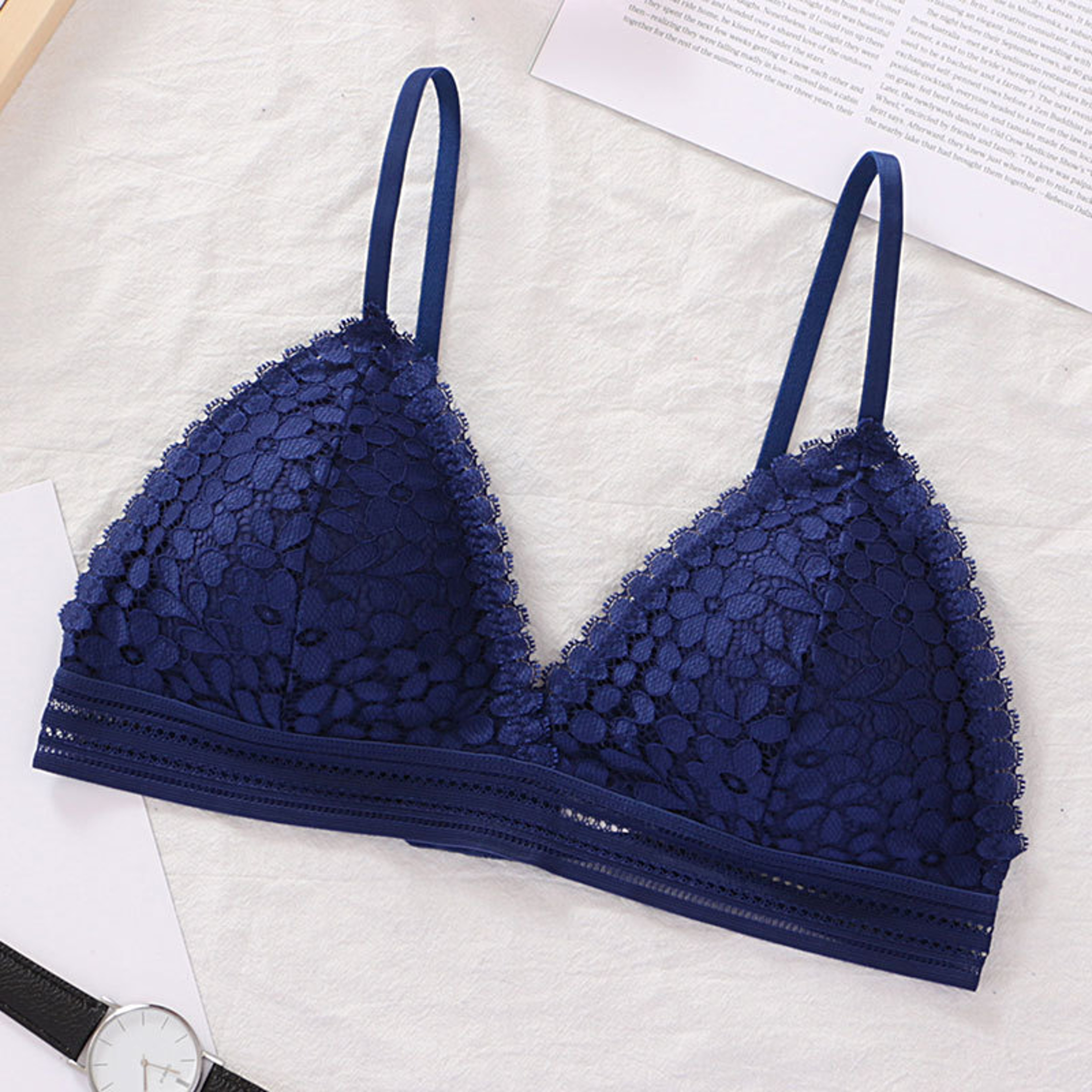 Sheer Floral Lace Bralette and Wireless Triangle Bra – view 9