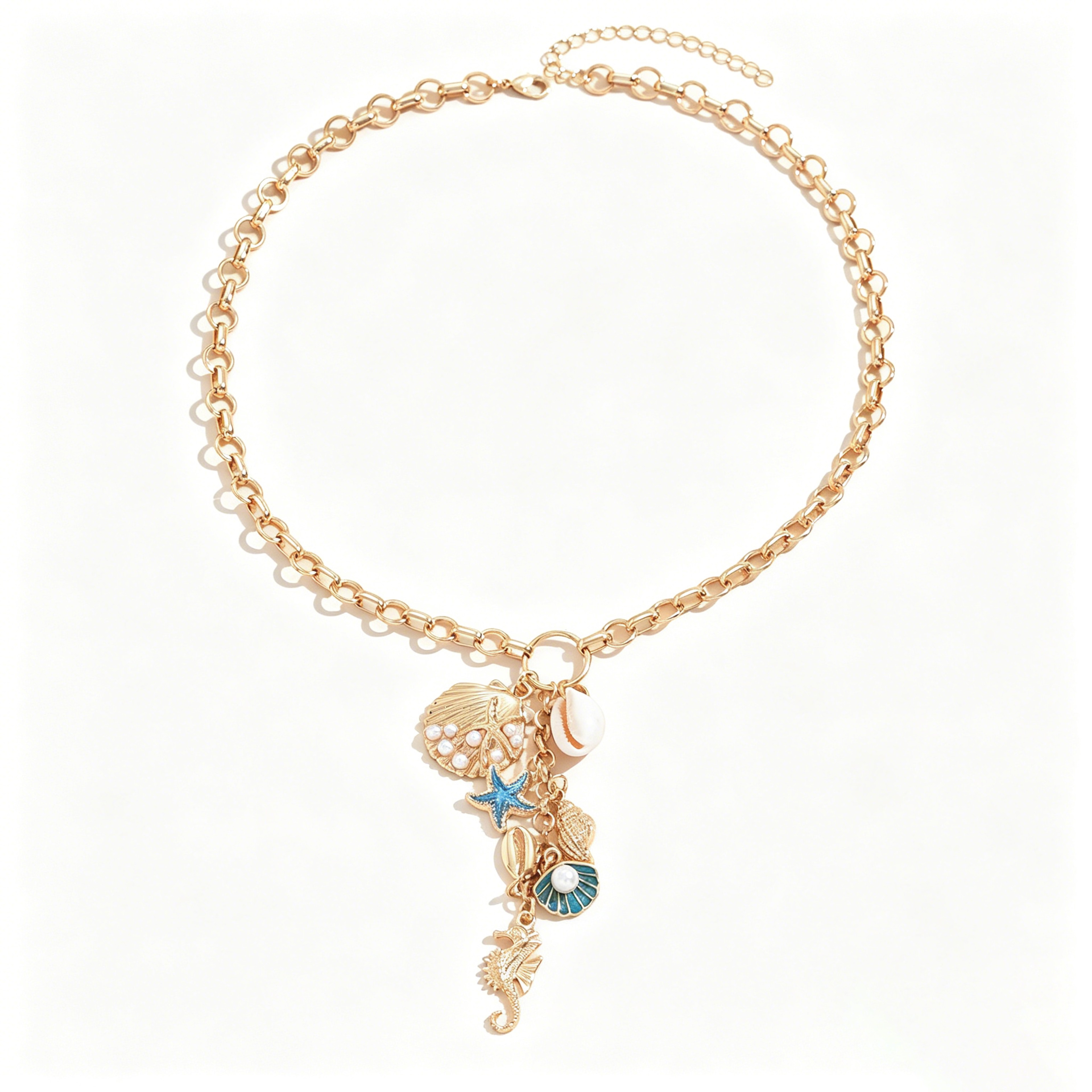 Chunky Gold Chain Necklace with Beach Charms and Pearl – view 5