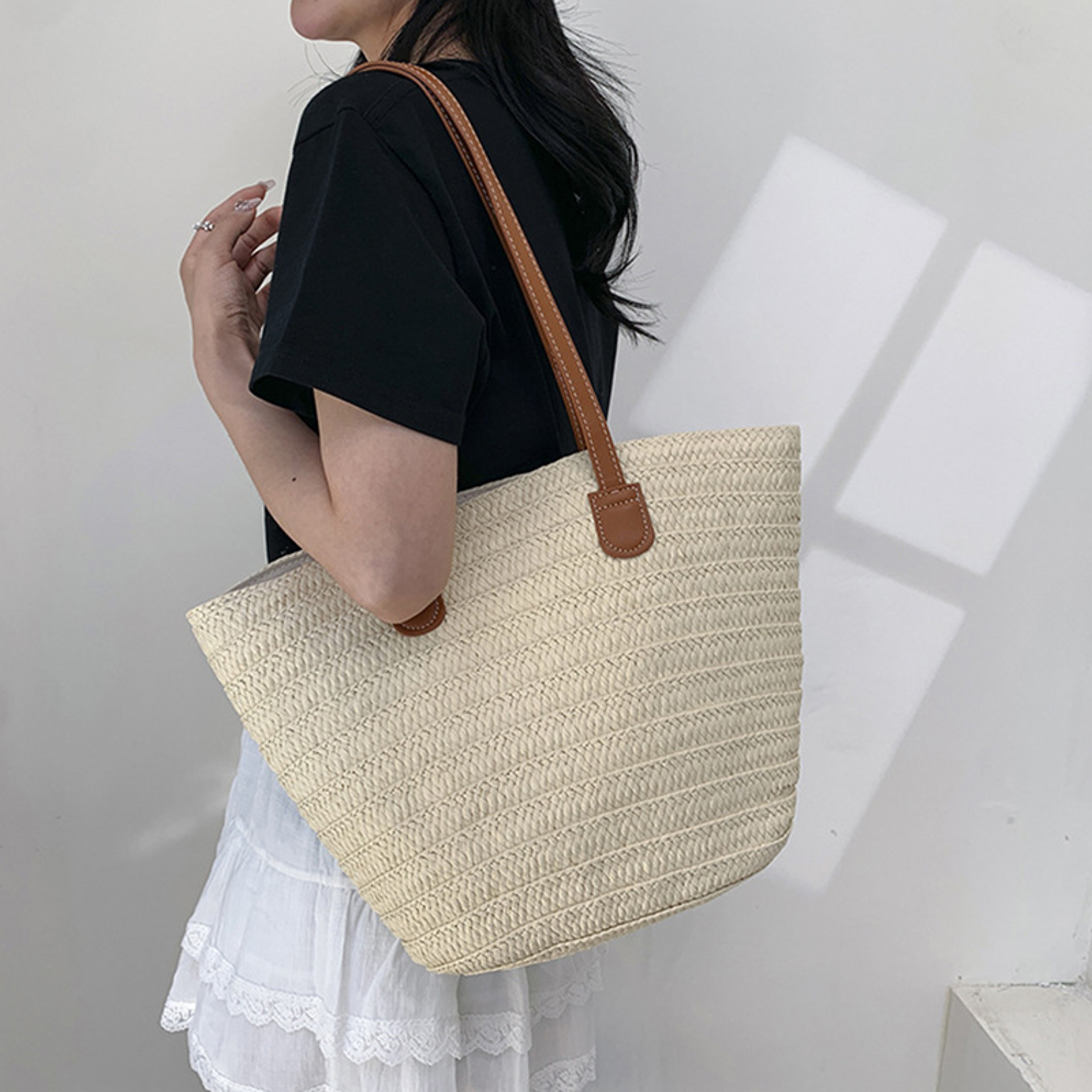 Summer Straw Beach Shopper Satchel and Woven Top-Handle Basket Bag – view 3