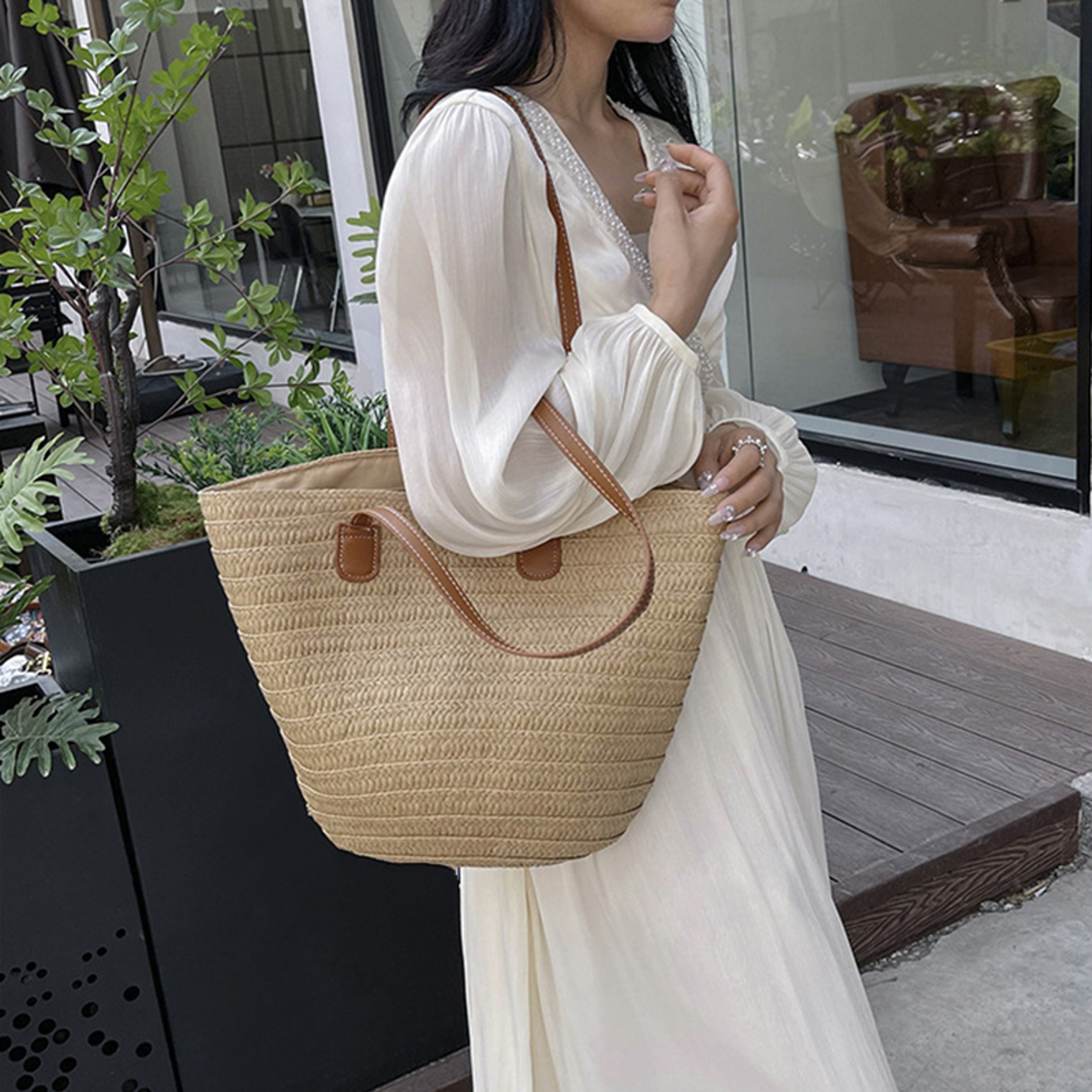 Summer Straw Beach Shopper Satchel and Woven Top-Handle Basket Bag – view 4