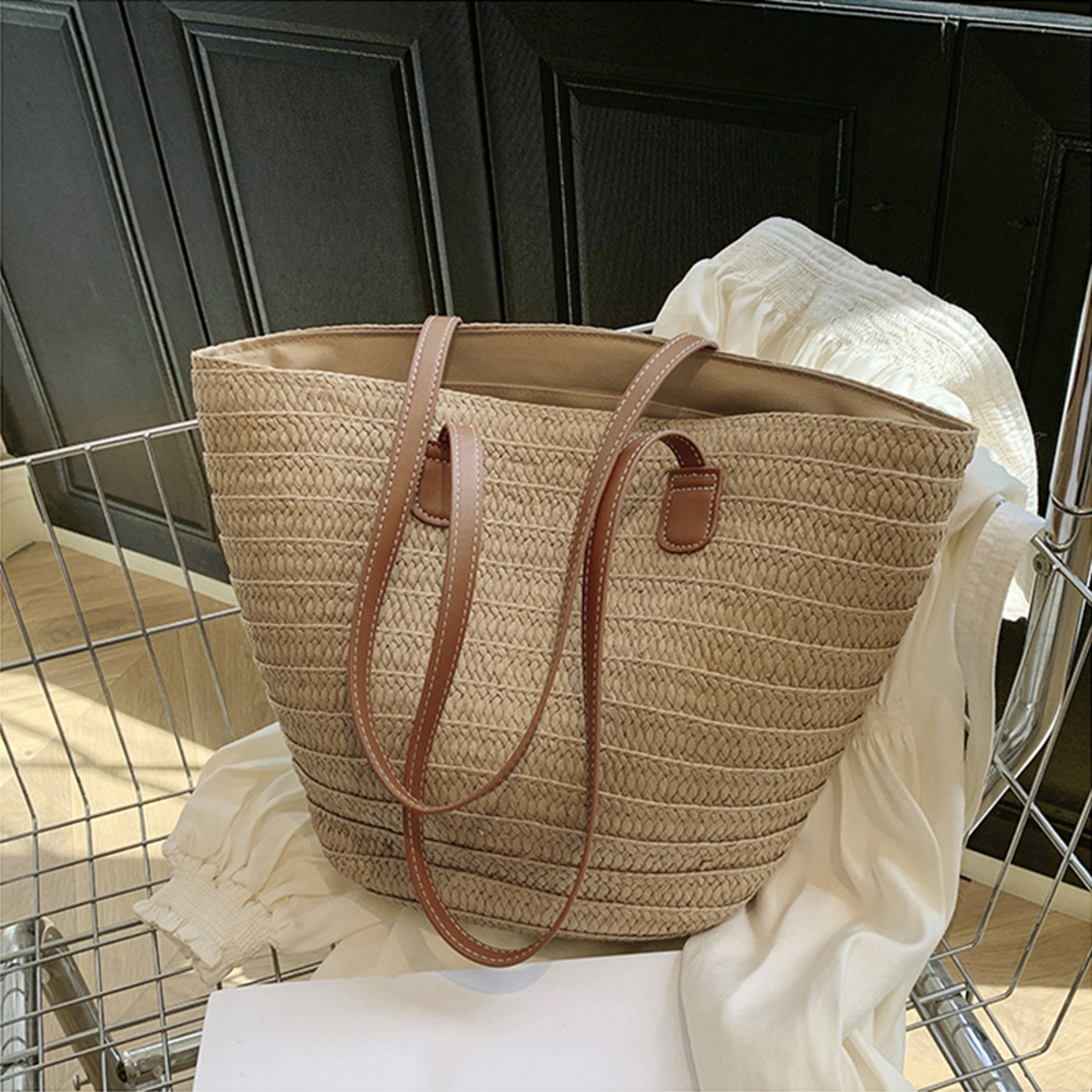 Summer Straw Beach Shopper Satchel and Woven Top-Handle Basket Bag – view 5