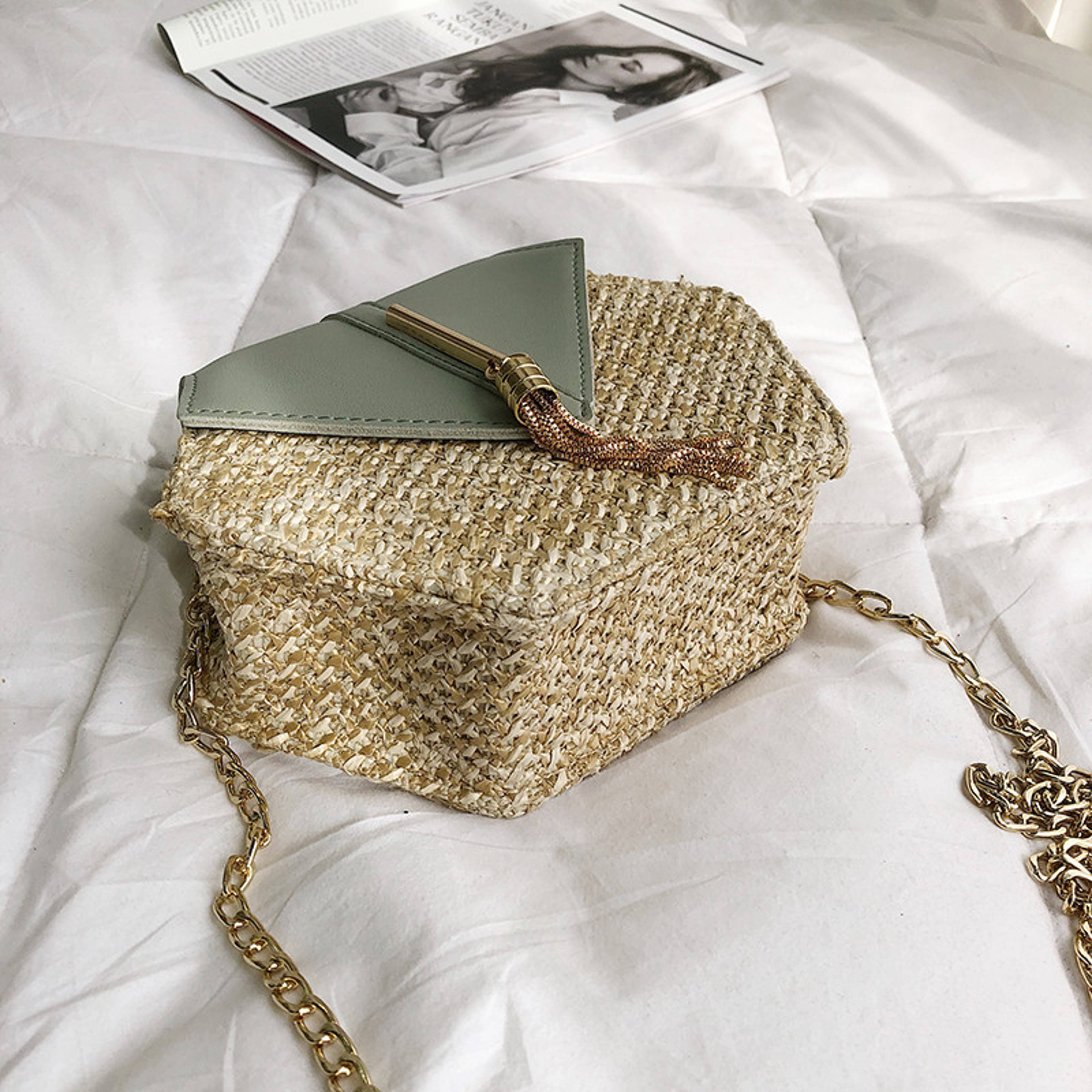 Handmade Hexagon Woven Straw Beach Bag and Leather Shoulder Purse – view 4