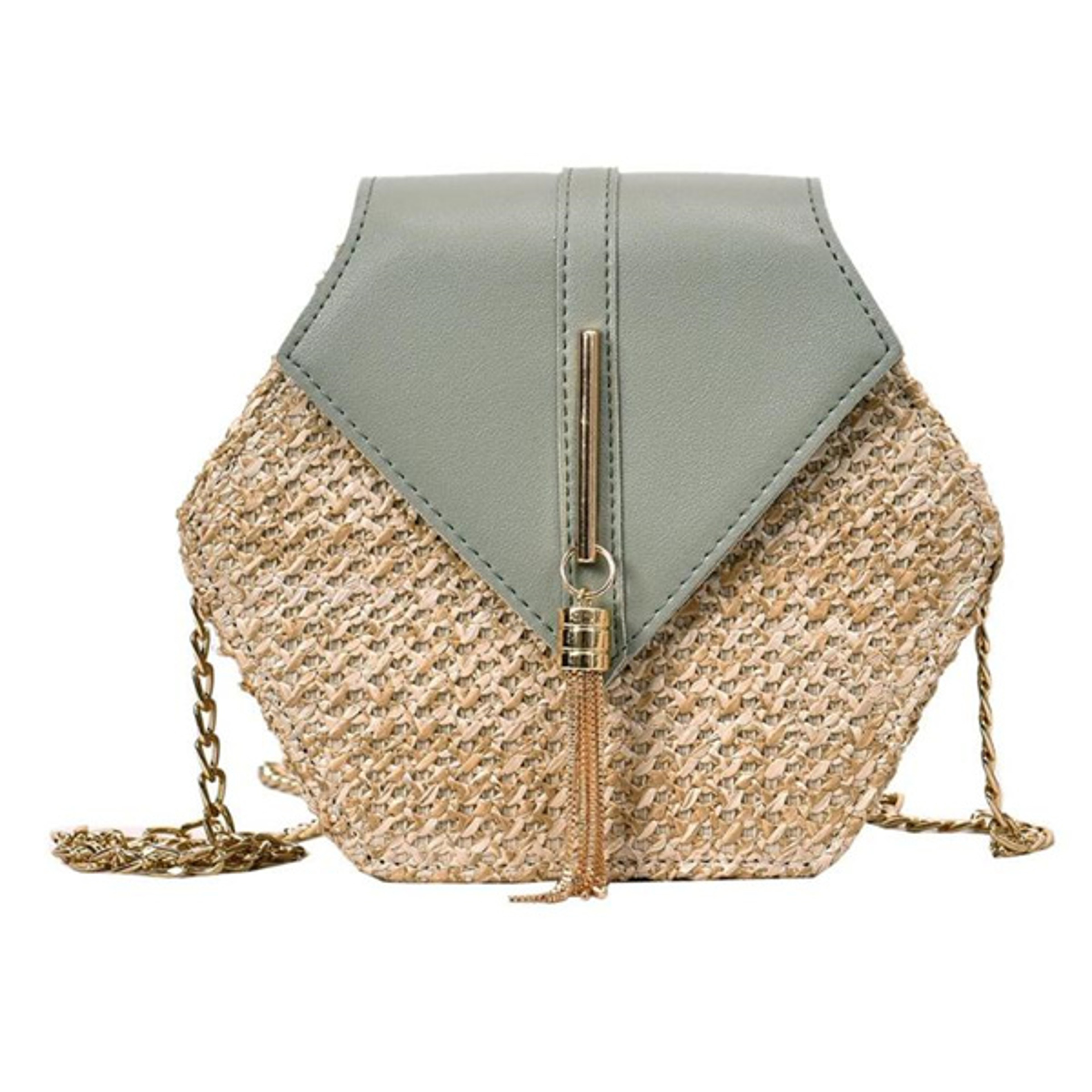 Handmade Hexagon Woven Straw Beach Bag and Leather Shoulder Purse – view 9