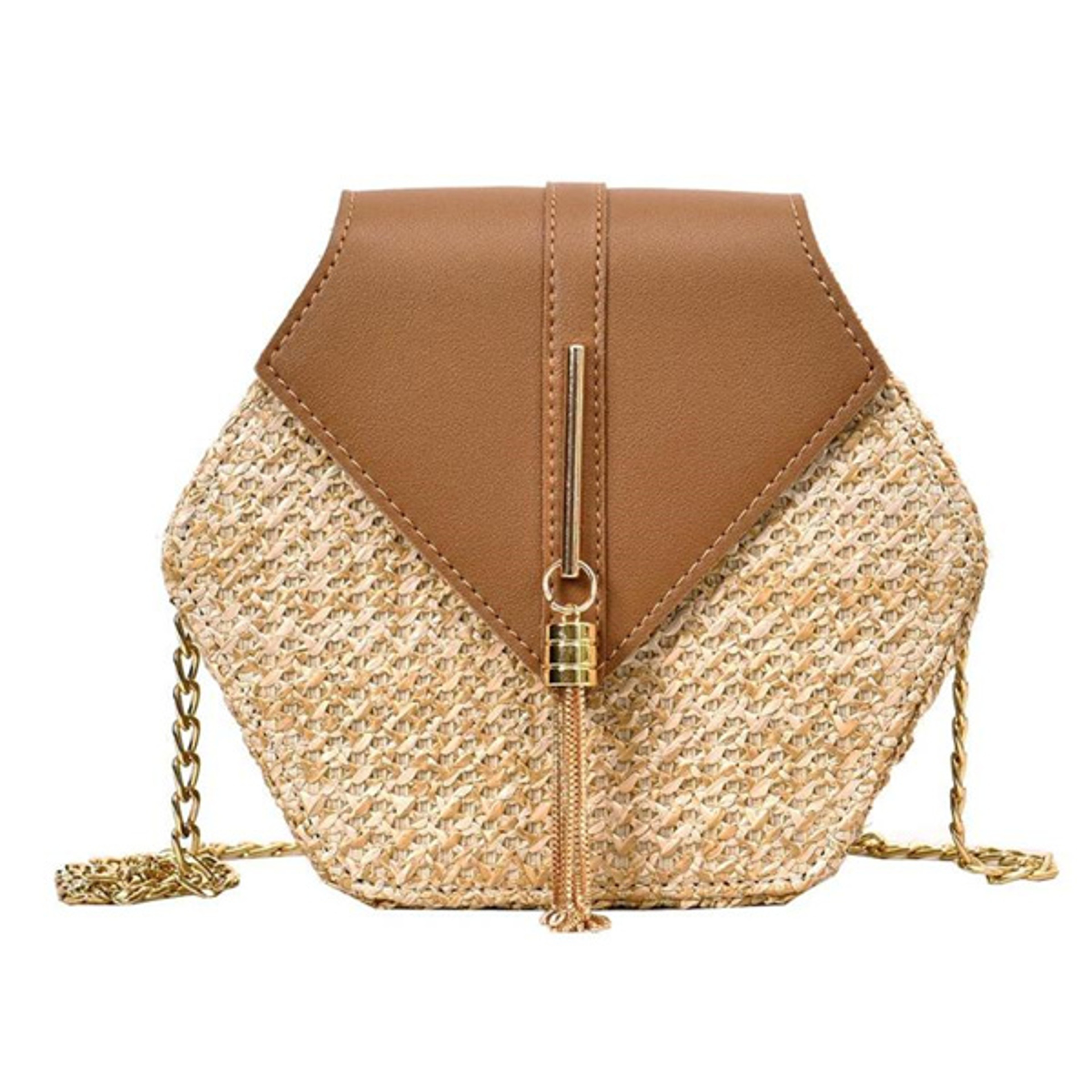 Handmade Hexagon Woven Straw Beach Bag and Leather Shoulder Purse – view 10