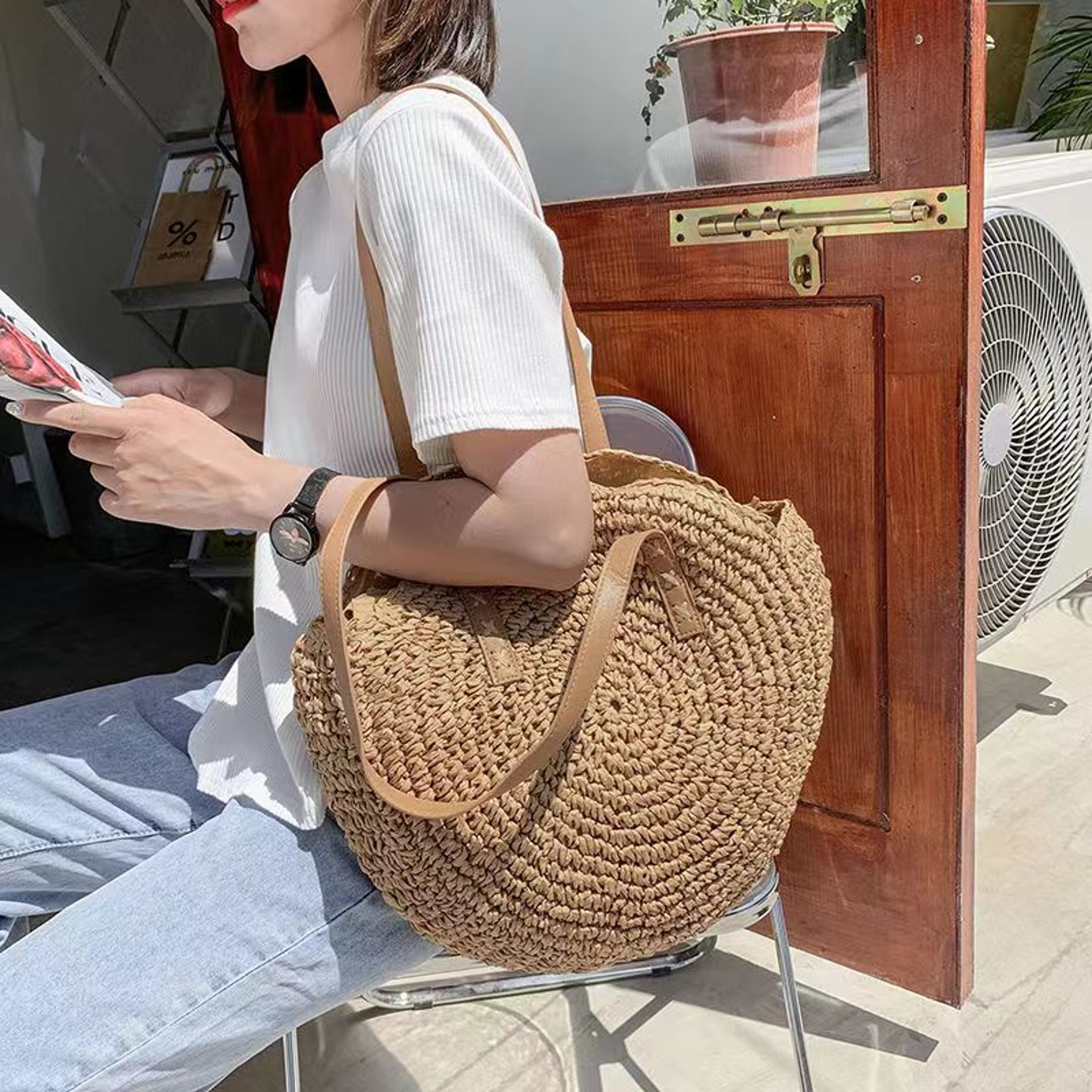 Handmade round straw beach bag and vintage woven shoulder purse for summer vacation – view 2