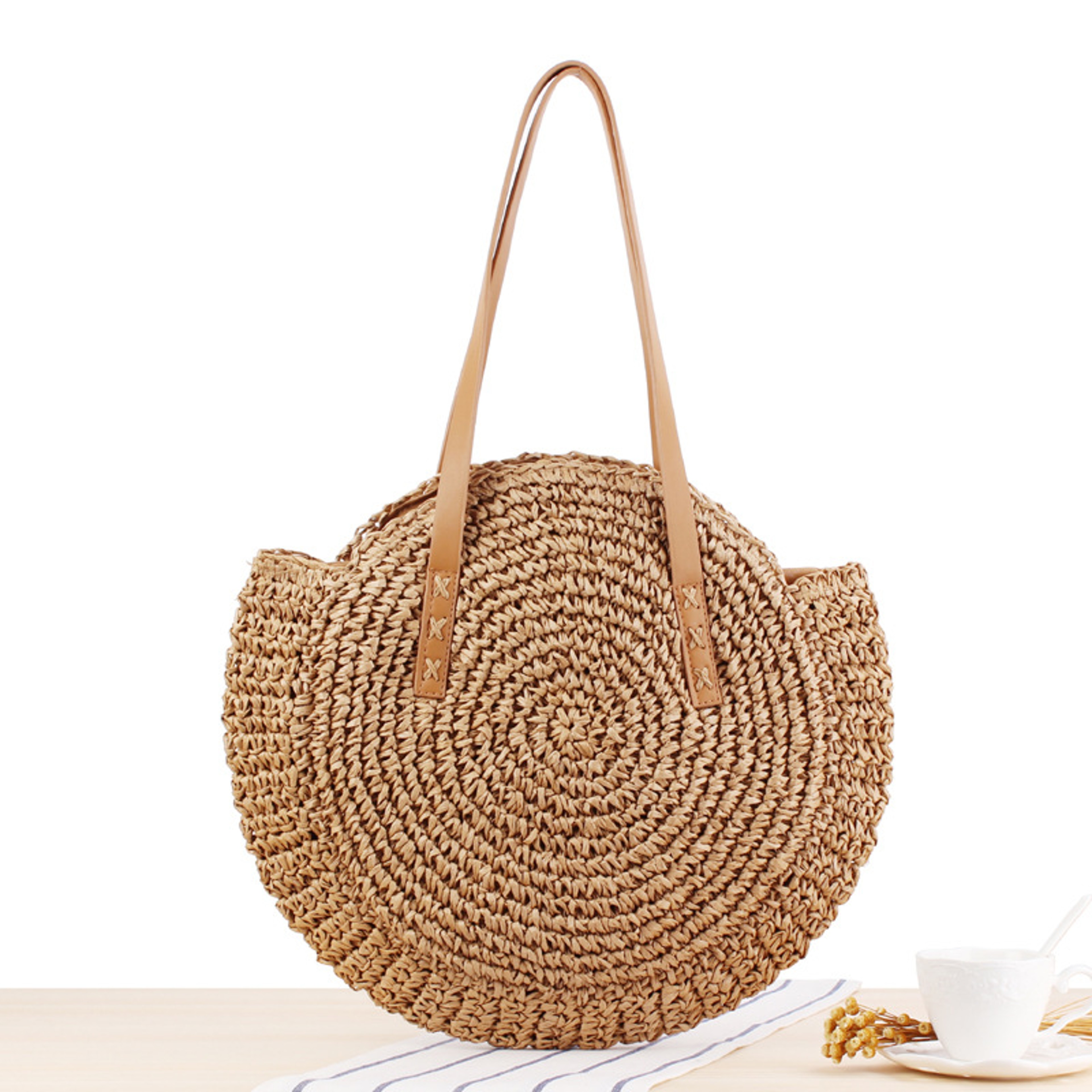 Handmade round straw beach bag and vintage woven shoulder purse for summer vacation – view 12