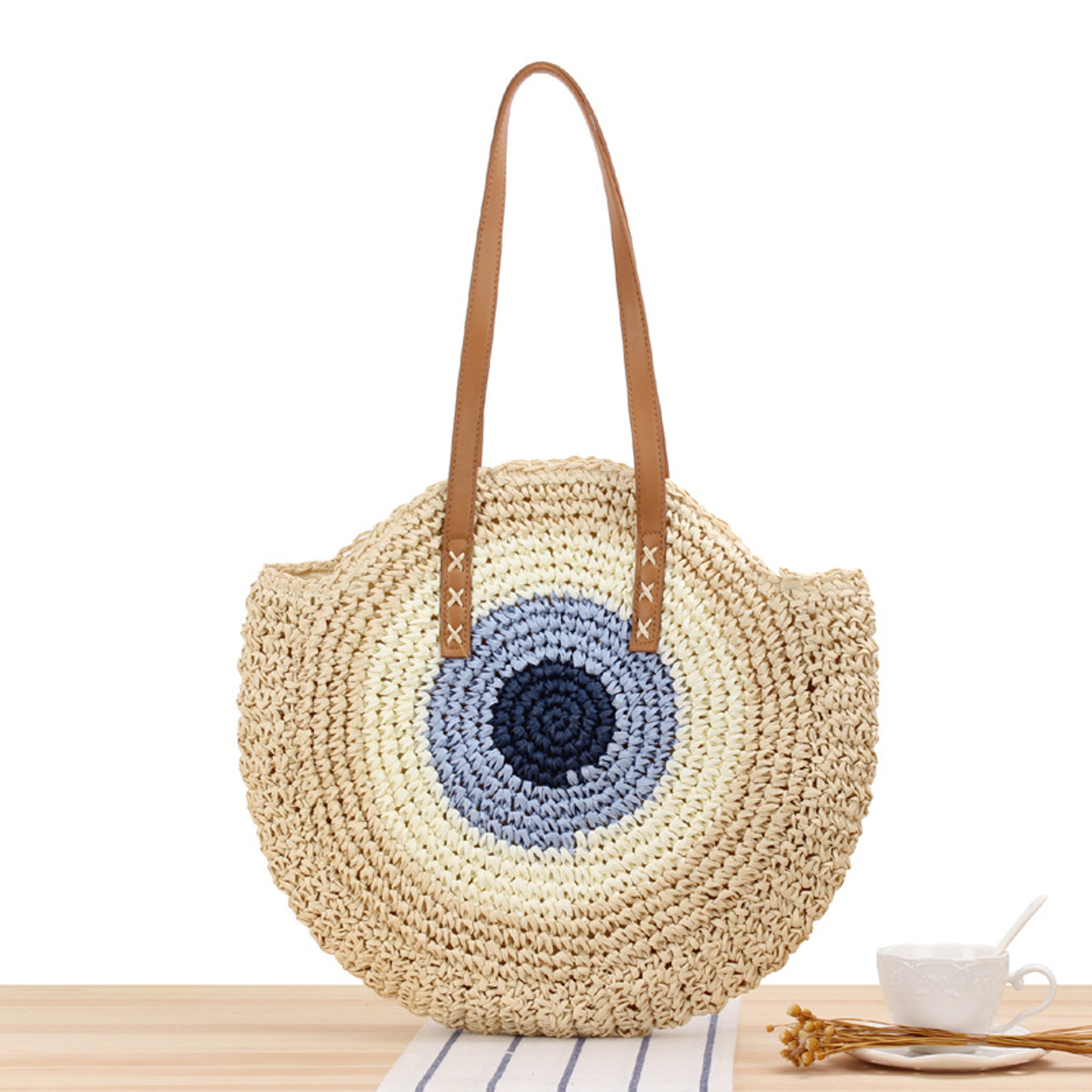 Handmade Round Straw Beach Bag  Bohemian Raffia Circle Rattan Shoulder Bag 7