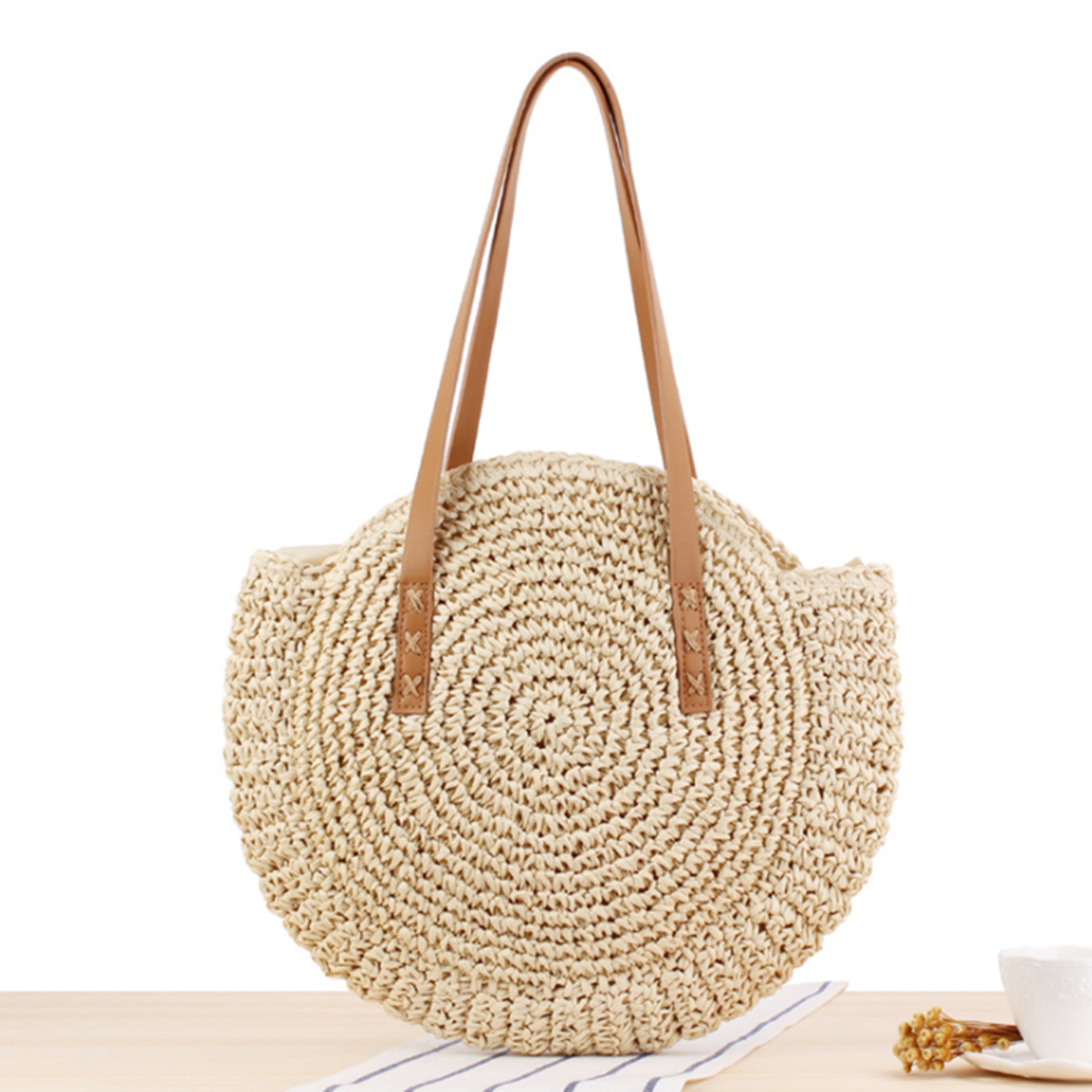 Handmade Round Straw Beach Bag  Bohemian Raffia Circle Rattan Shoulder Bag 12