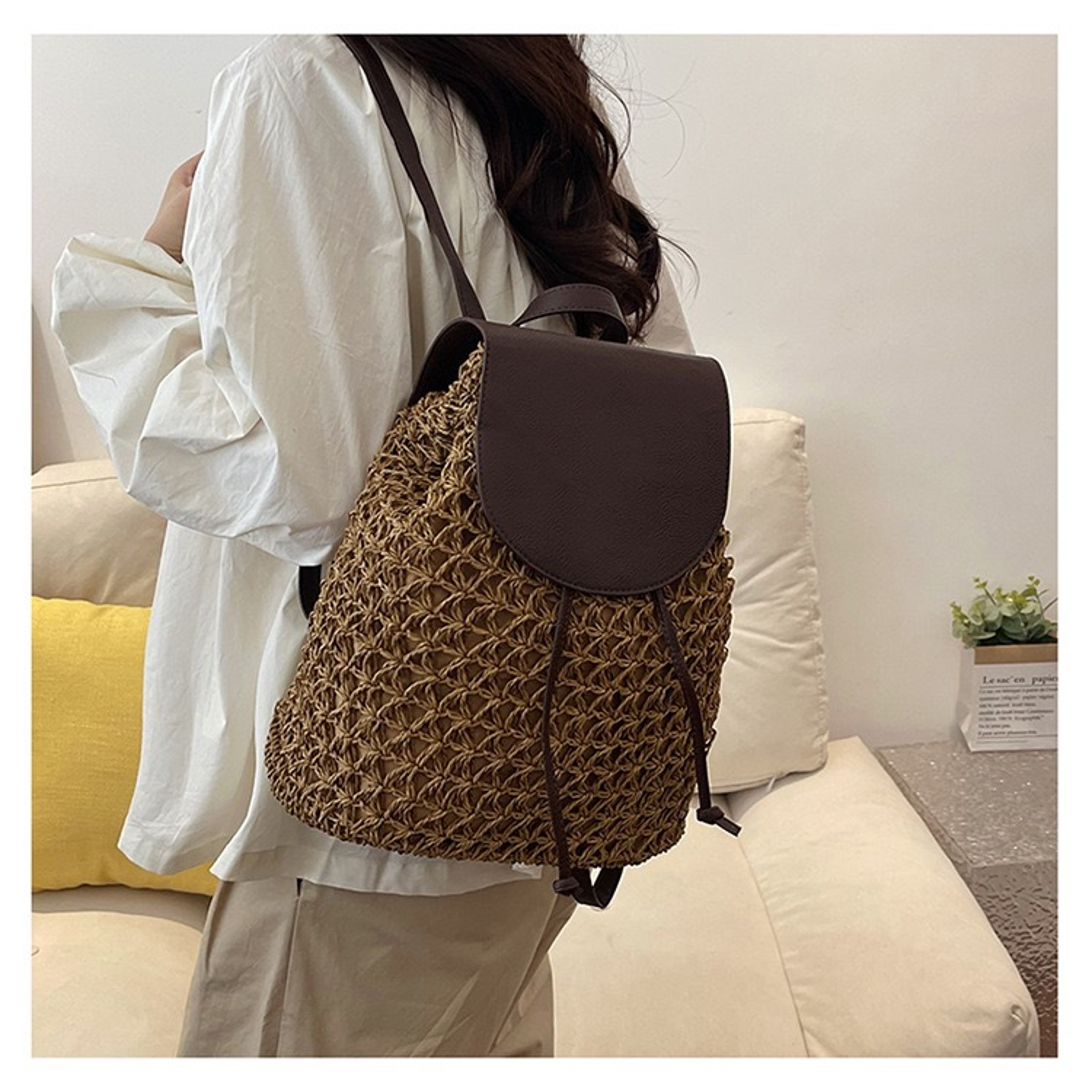 Handmade Bohemian straw backpack and summer shoulder bag for beach and travel – view 3