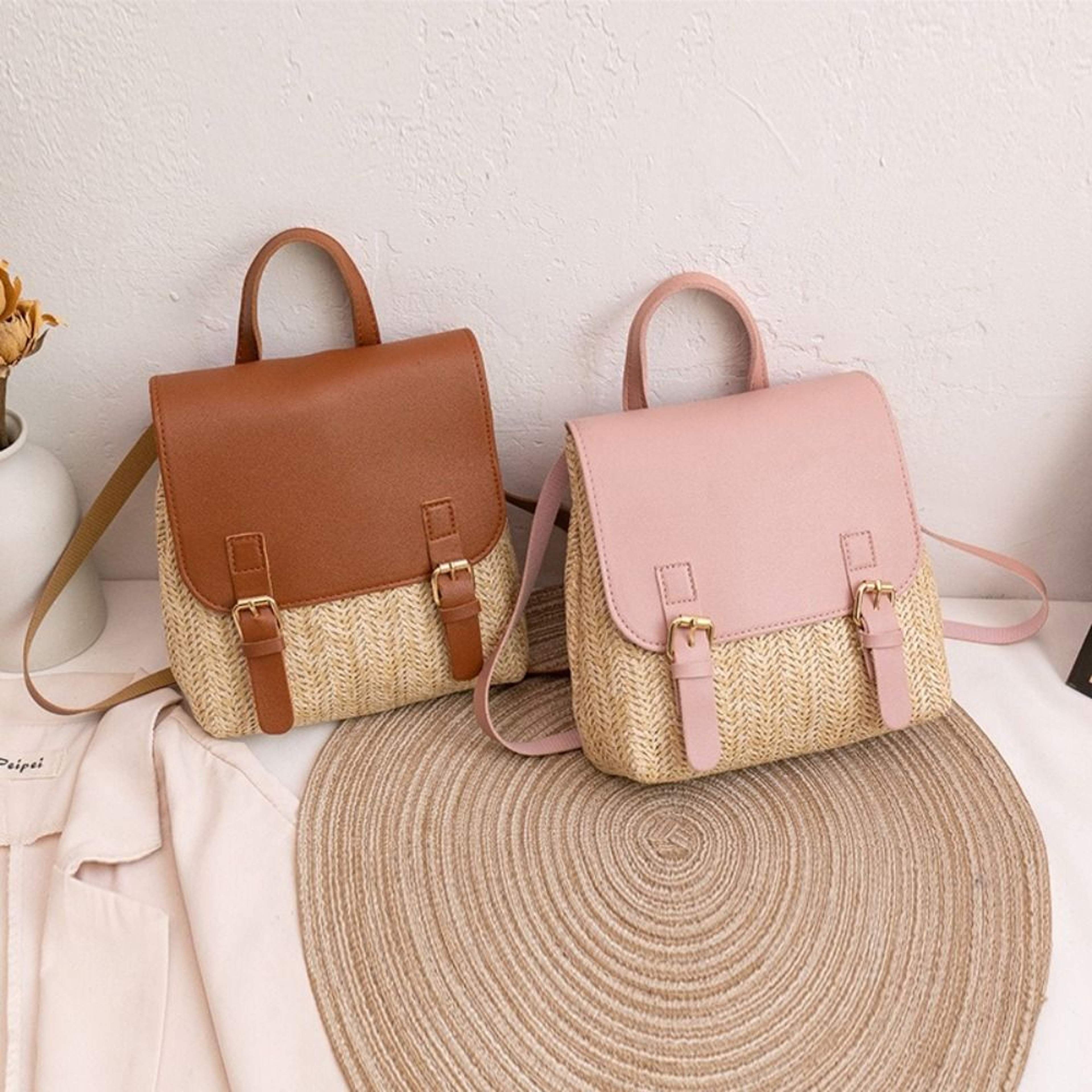 Vintage Woven PU Leather Straw Backpack – view 2