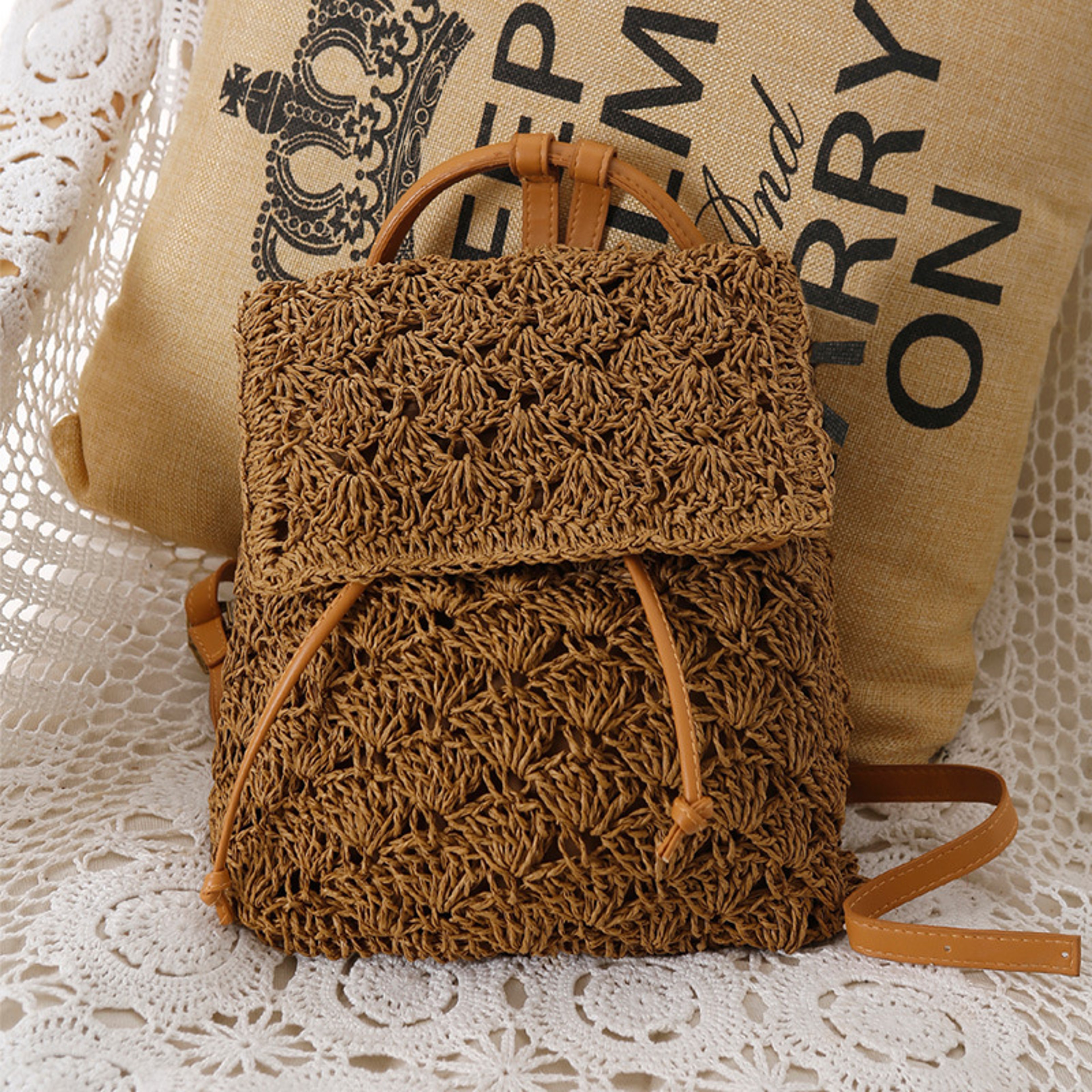 Handmade Woven Straw Backpack and Summer Beach Bag – view 2