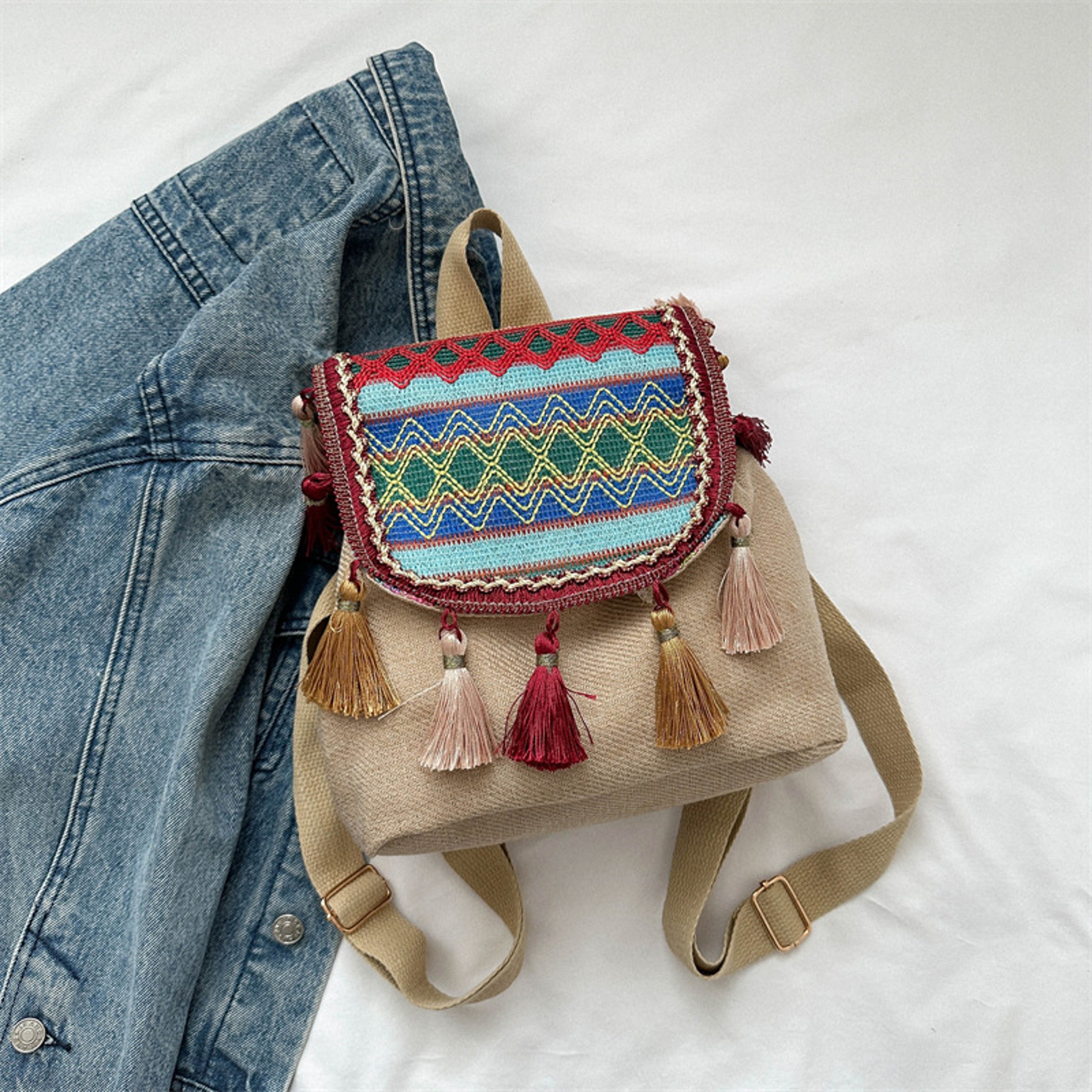 Woven Straw Backpack Boho Beach Travel Bag with Tassels – view 2