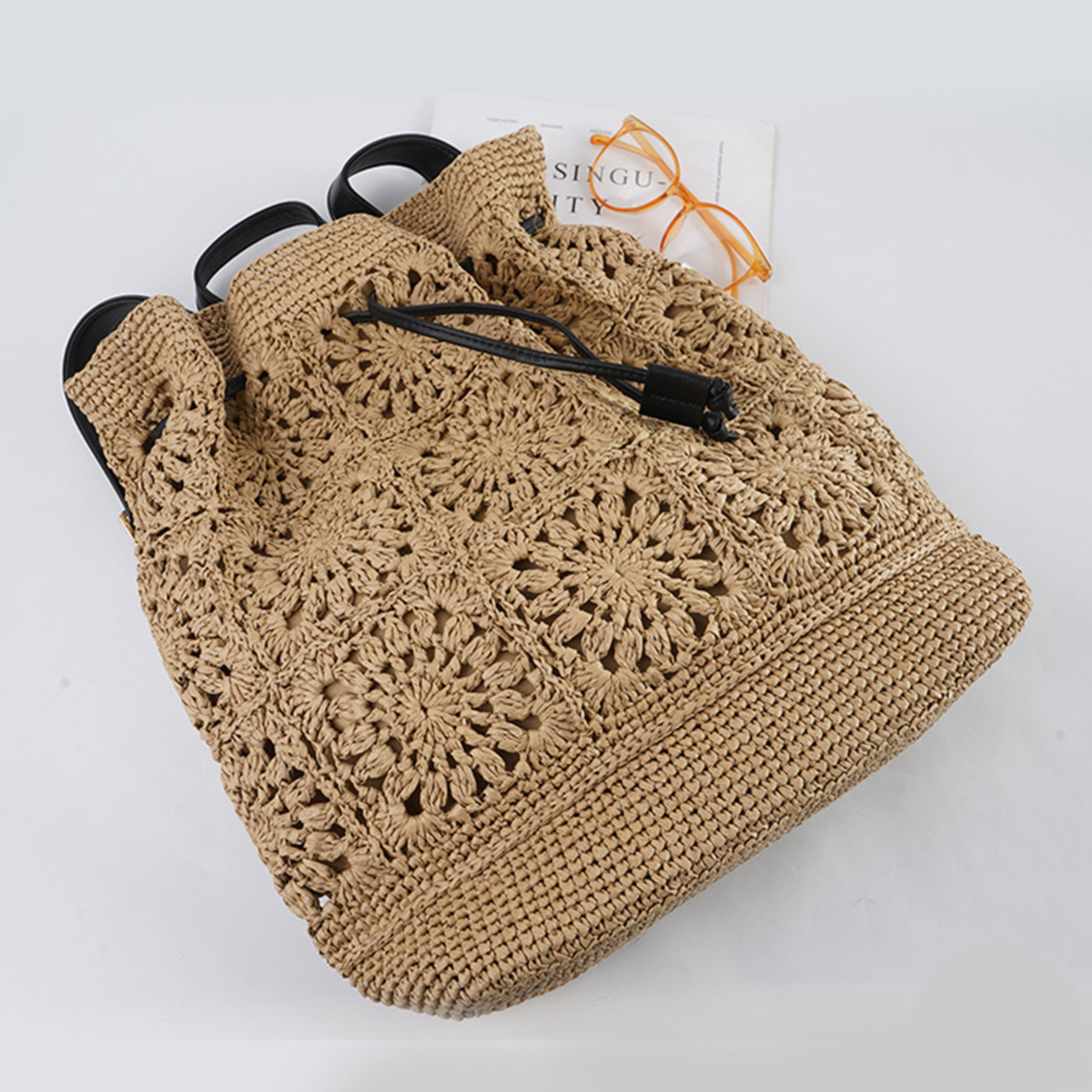 Handmade Boho Straw Drawstring Backpack and Bali Beach Travel Bag – view 4