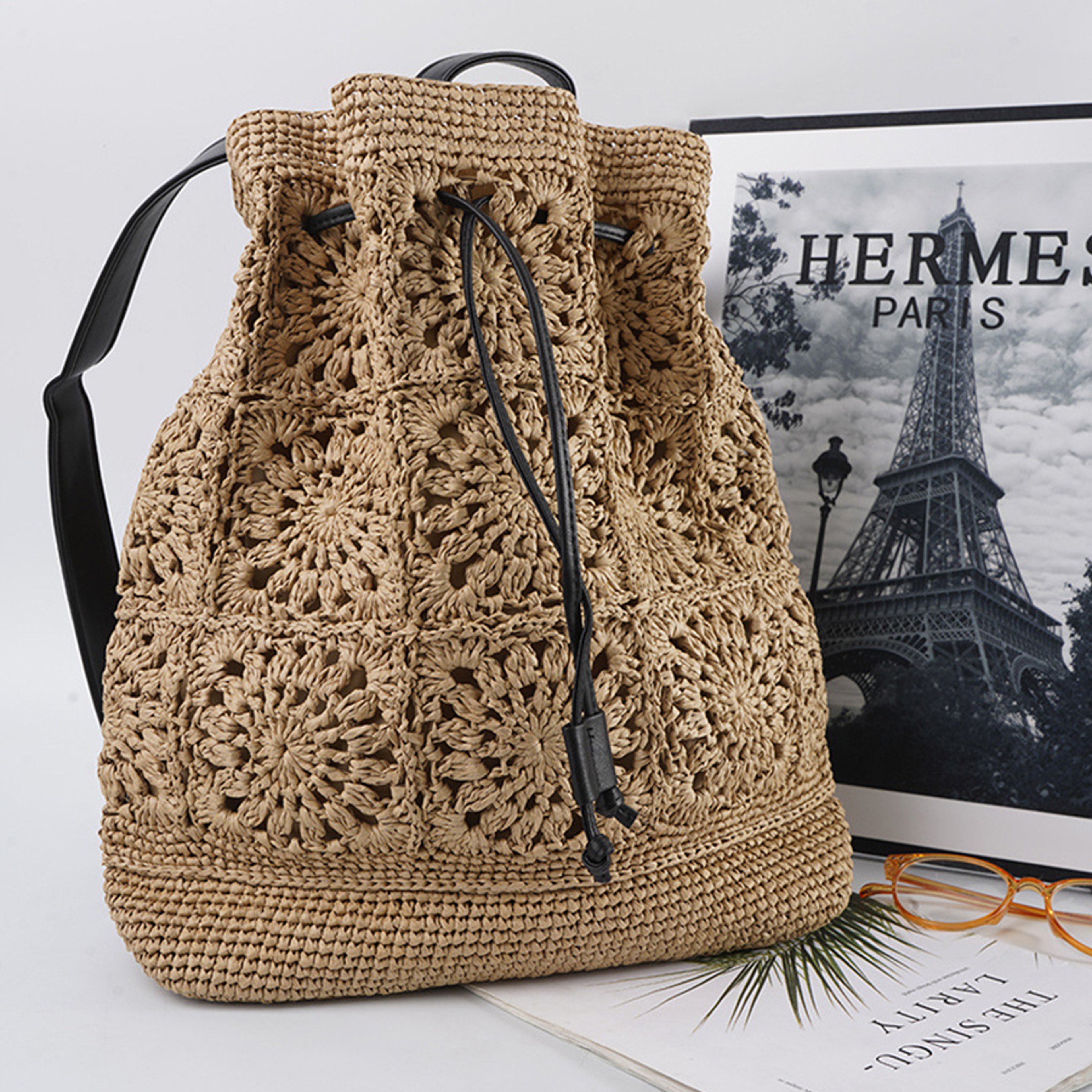 Handmade Boho Straw Drawstring Backpack and Bali Beach Travel Bag – view 7