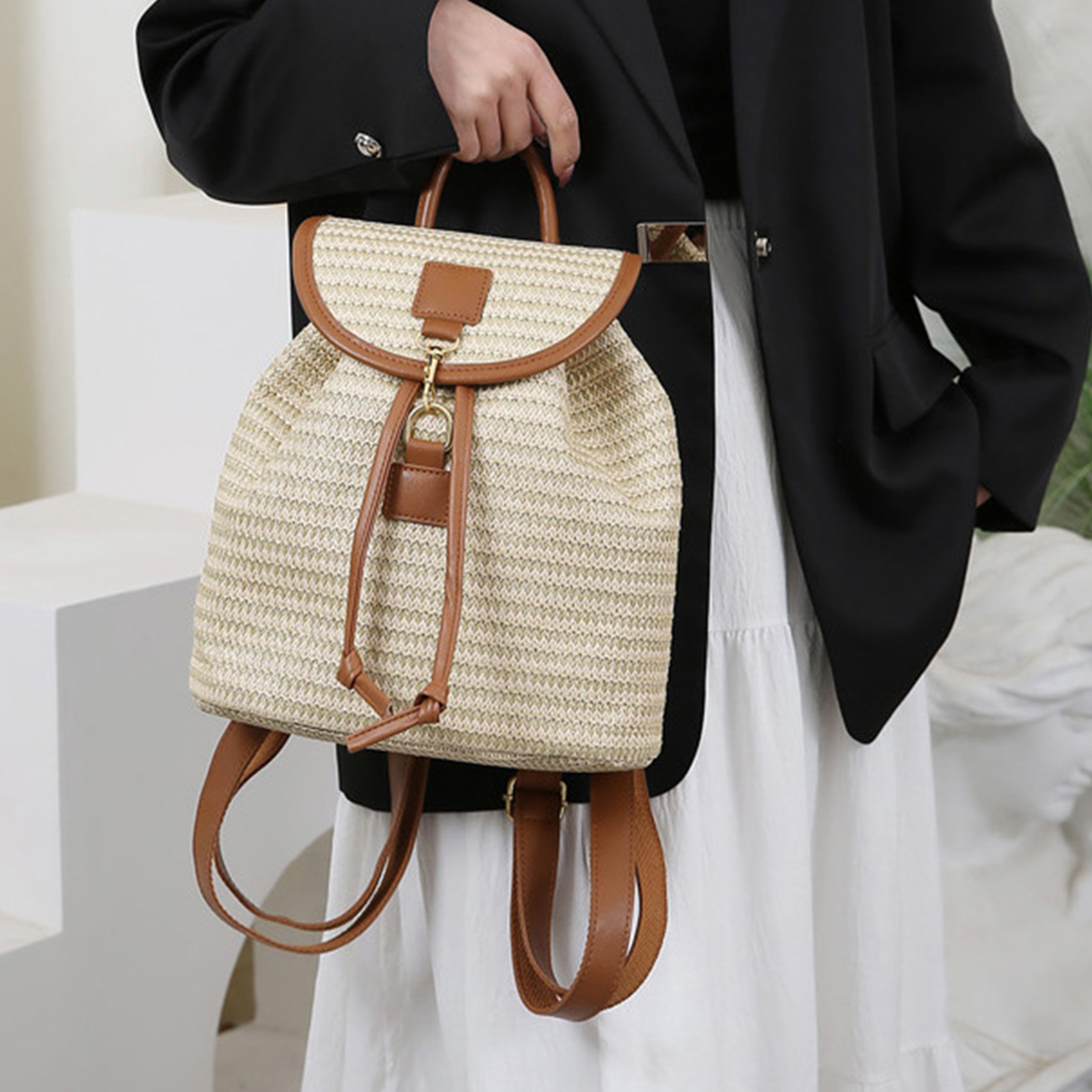 Women Straw Backpack Boho Crochet Woven Summer Travel Beach Bag – view 2